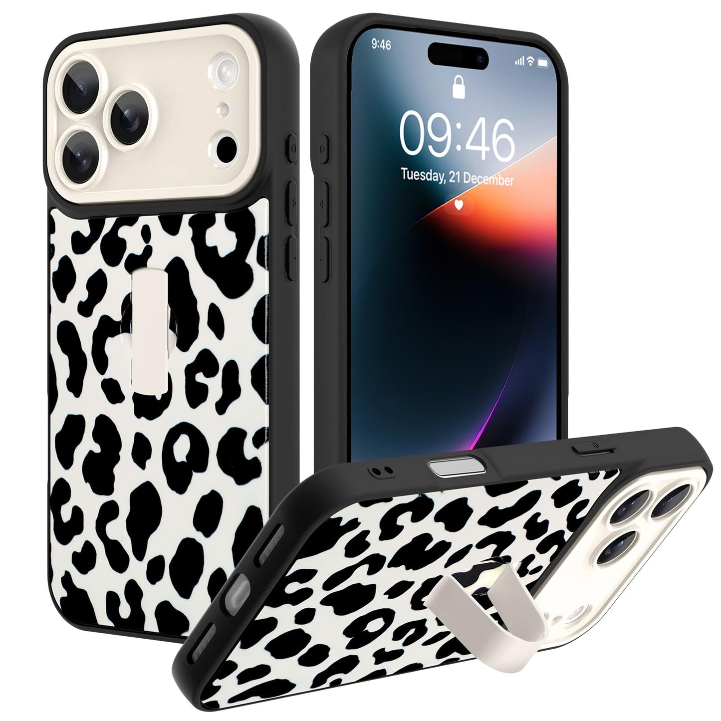 Compatible with iPhone 13 Case, Cute Cheetah Leopard Pattern | Built in Adjustable Wrist Strap Grip Hand Holder Stand Shockproof Kickstand Cover for Women Girls (Black White) WN420