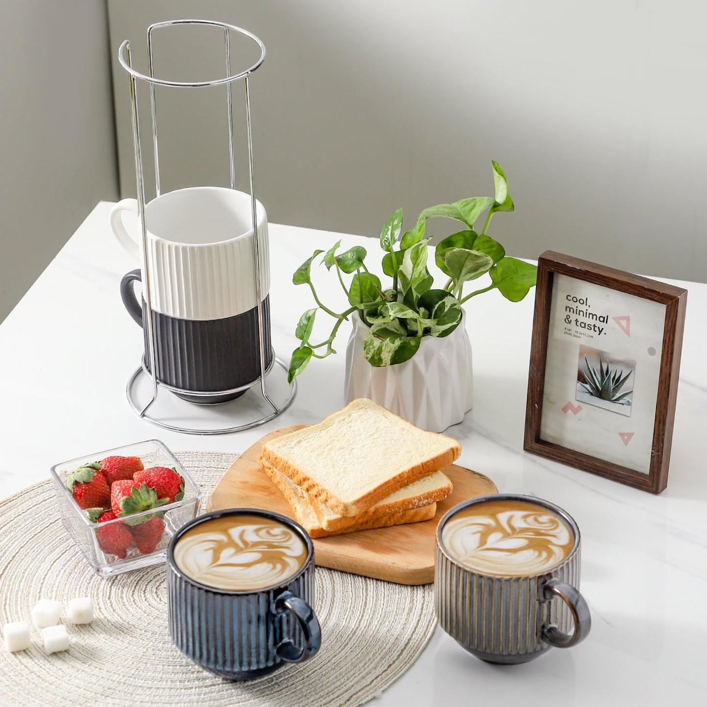 HASENSE 15 oz Ribbed Stackable Coffee Mug Set of 4, Porcelain Latte Cups with Metal Rack, Dishwasher & Microwave Safe, Cappuccino Tea Hot Cocoa, White BST220
