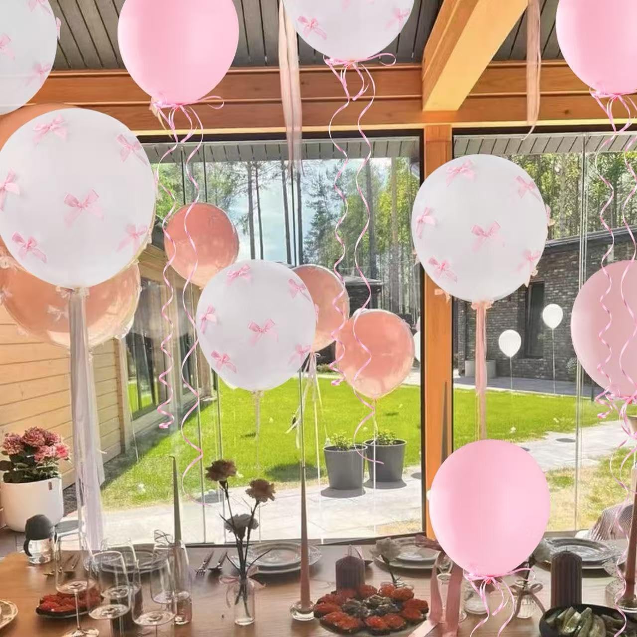 Pink Bow Balloons，32Pcs White Pink Balloons (18" & 12") & 100Pcs Mini Ribbon Bows DIY Bow Balloon Party Decor for Birthday, Wedding, Bachelorette, Anniversary Parties，Coquette Birthday Decorations BST326L