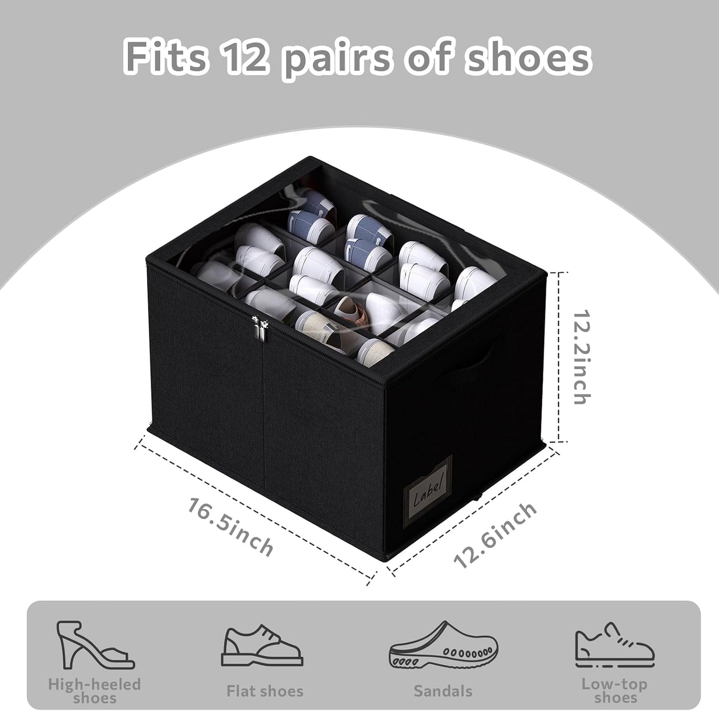 2 Pack Shoe Organizer for Closet - Shoe Storage Bins with Clear Cover, Fabric Shoe Storage Containers with Reinforced Handles, Fits up to 24 Pairs (Black, 16.5 * 12.6 * 12.2in) BST326H