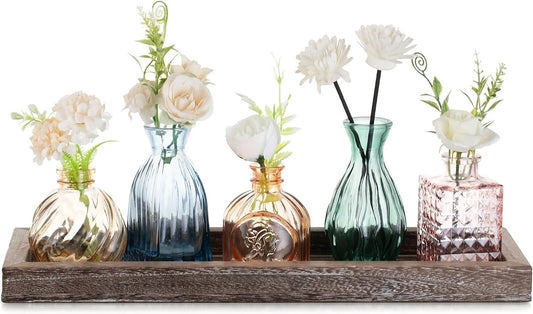 Glasseam Glass Bud Vases for Flower: 5 Pcs Small Vases with Wooden Tray | Colored, Vintage Embossed, Rustic Table Centerpieces, Living Room, Bathroom, Home Decor, Wedding, Birthday, Housewarming Gift BST326H