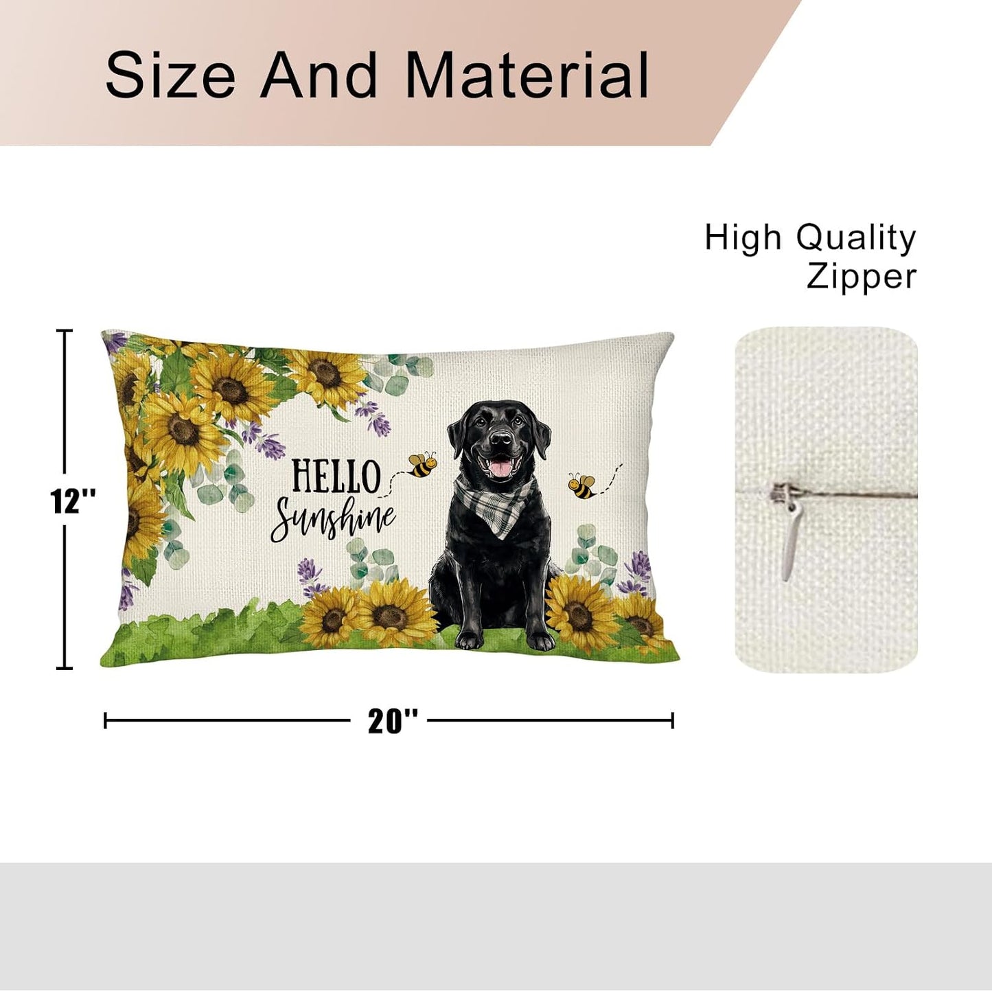 Sunflower Black Labrador Dog Lumbar Throw Pillow Cover 12x20 Inch Summer Cushion Case Decoration for Sofa Couch BST202