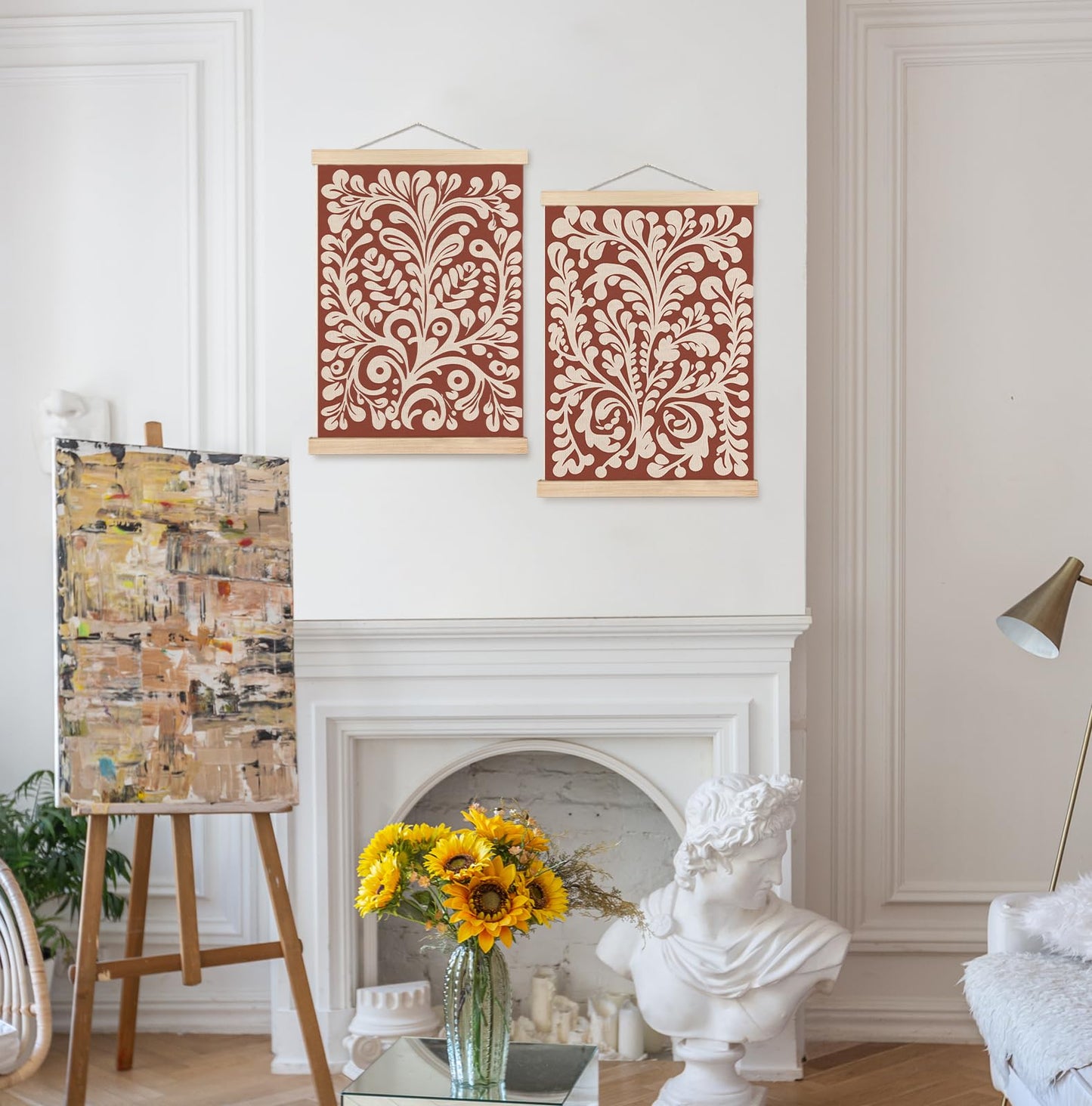 SPBL&L Green Boho Floral Mexican Wall Art, Abstract Flower Poster Hanger Frame, Burnt Orange Terracotta Botanical Hanging Canvas Pictures Prints Wall Decor for Home Bedroom, 12x16 Inch Set of 2 BST202