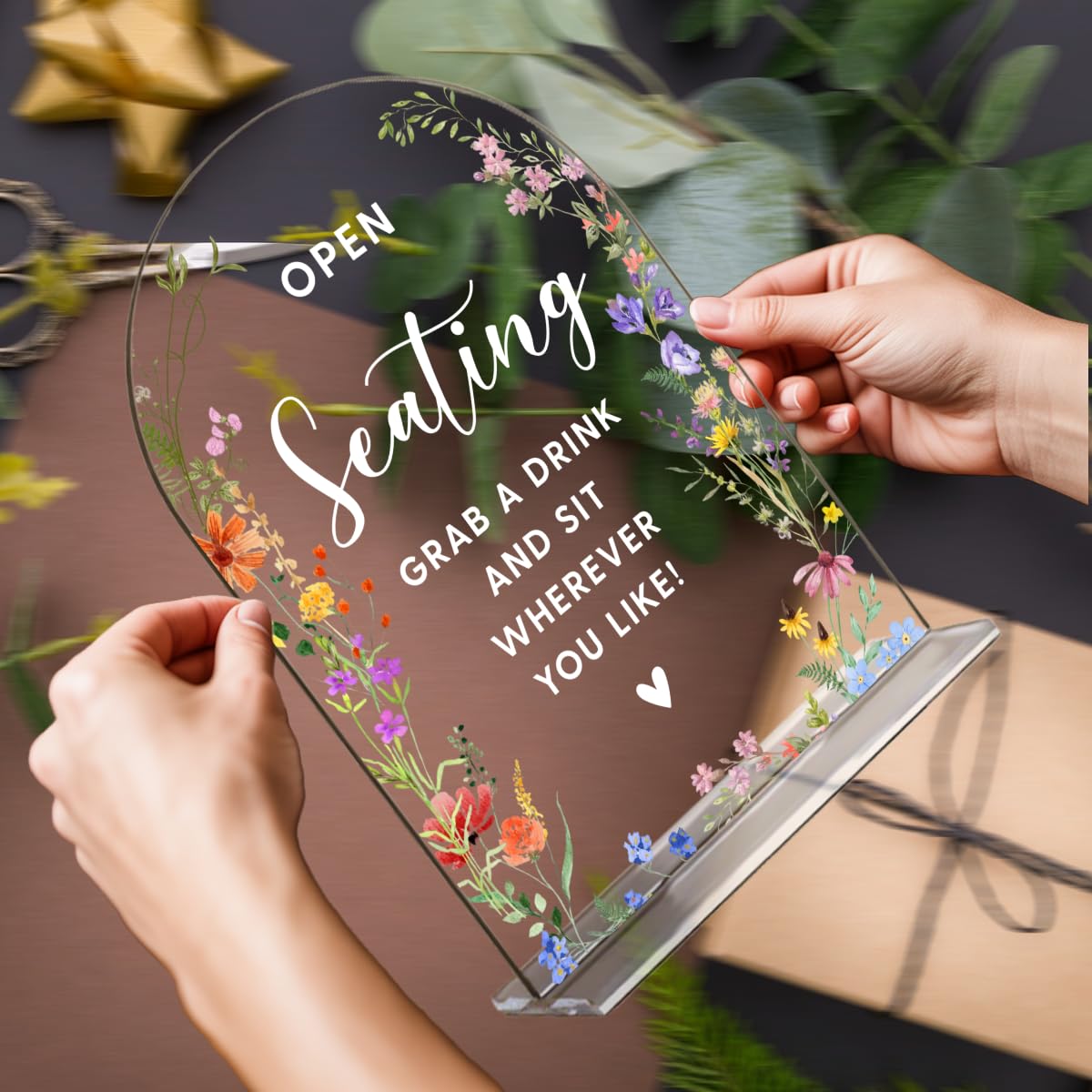 Acrylic Wedding Signs, Pick A Card Signs for Marriage Reception, Bridal Shower Decorations, Modern Arched Round Top Acrylic Table Top Sign with Holder for Wedding Party Dinner (Clear Wildflowers) BST326L