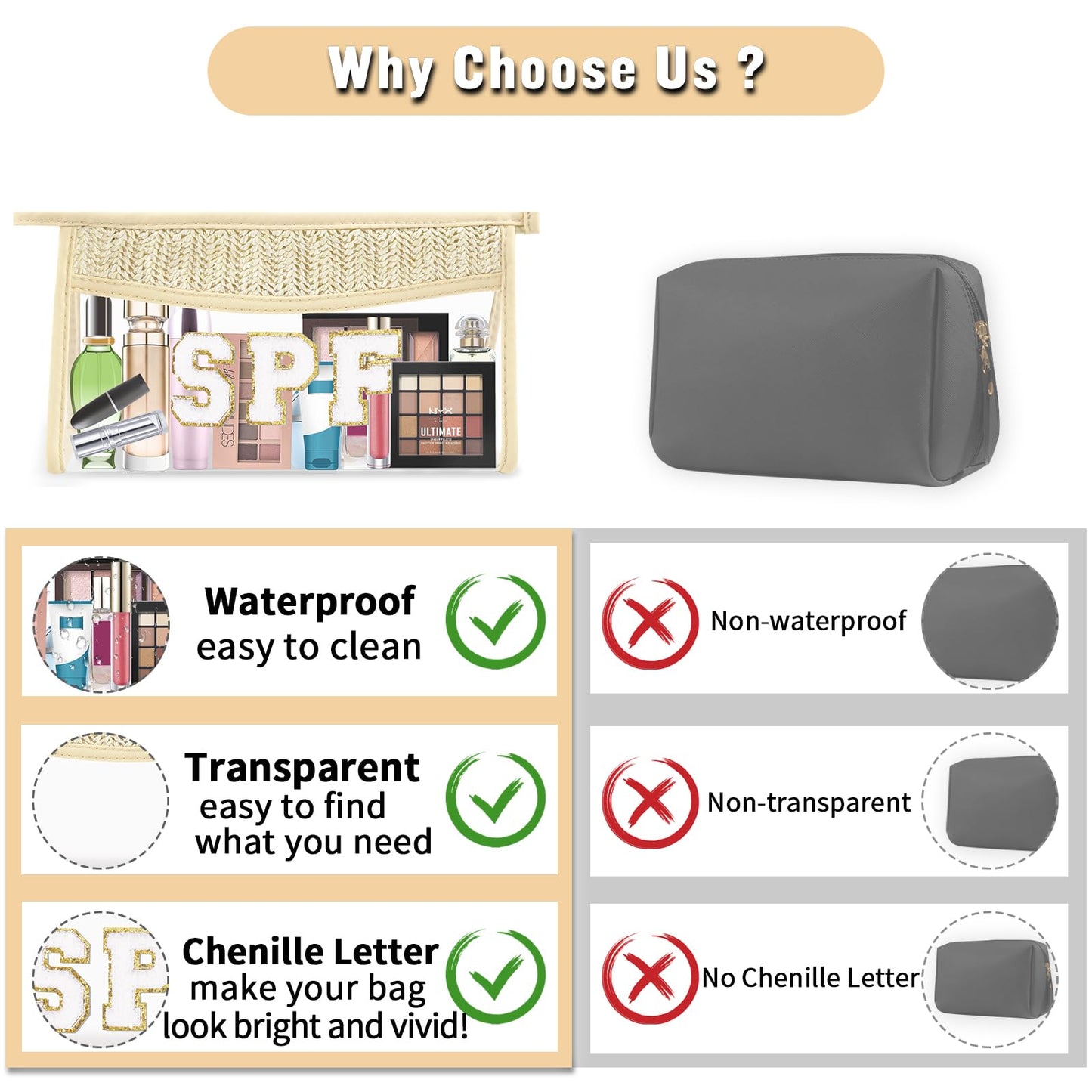 Boho Clear Makeup Bag Cosmetic Zipper Pouch Purse, Clear Toiletry Bags Travel Small Preppy Cute DIY Chenille Letter Bag, Transparent PVC Waterproof Clutch Make Up Organizer Storage Bag for Women Girls BST220