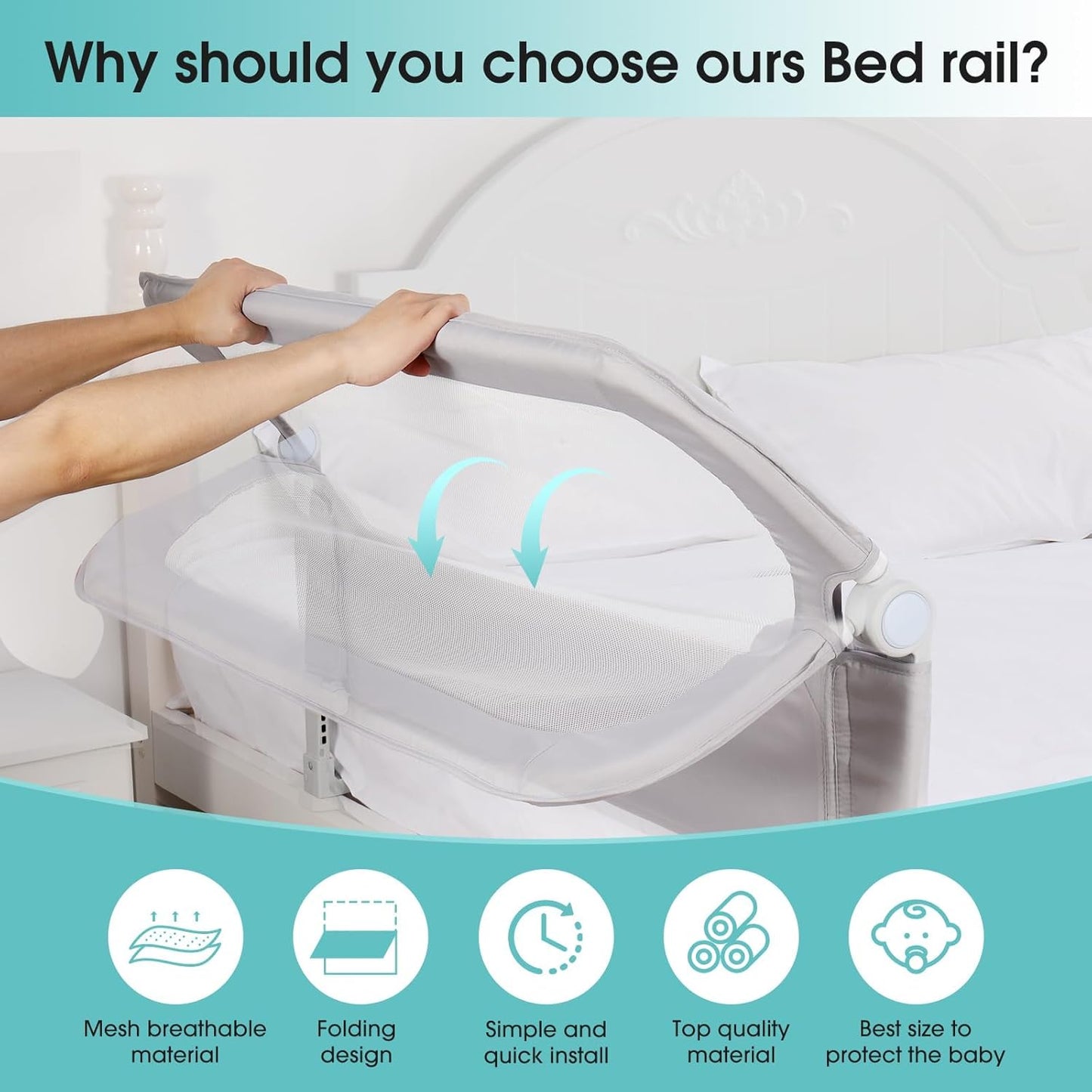 NUTIKAS Baby Bed Rail Guard for Toddlers - 47" Toddler Bed Side Rails for Twin, Full, Queen Bunk Size Bed Swing Down Bedrail Extral Tall Child Safety Side Railing Guards for Kids