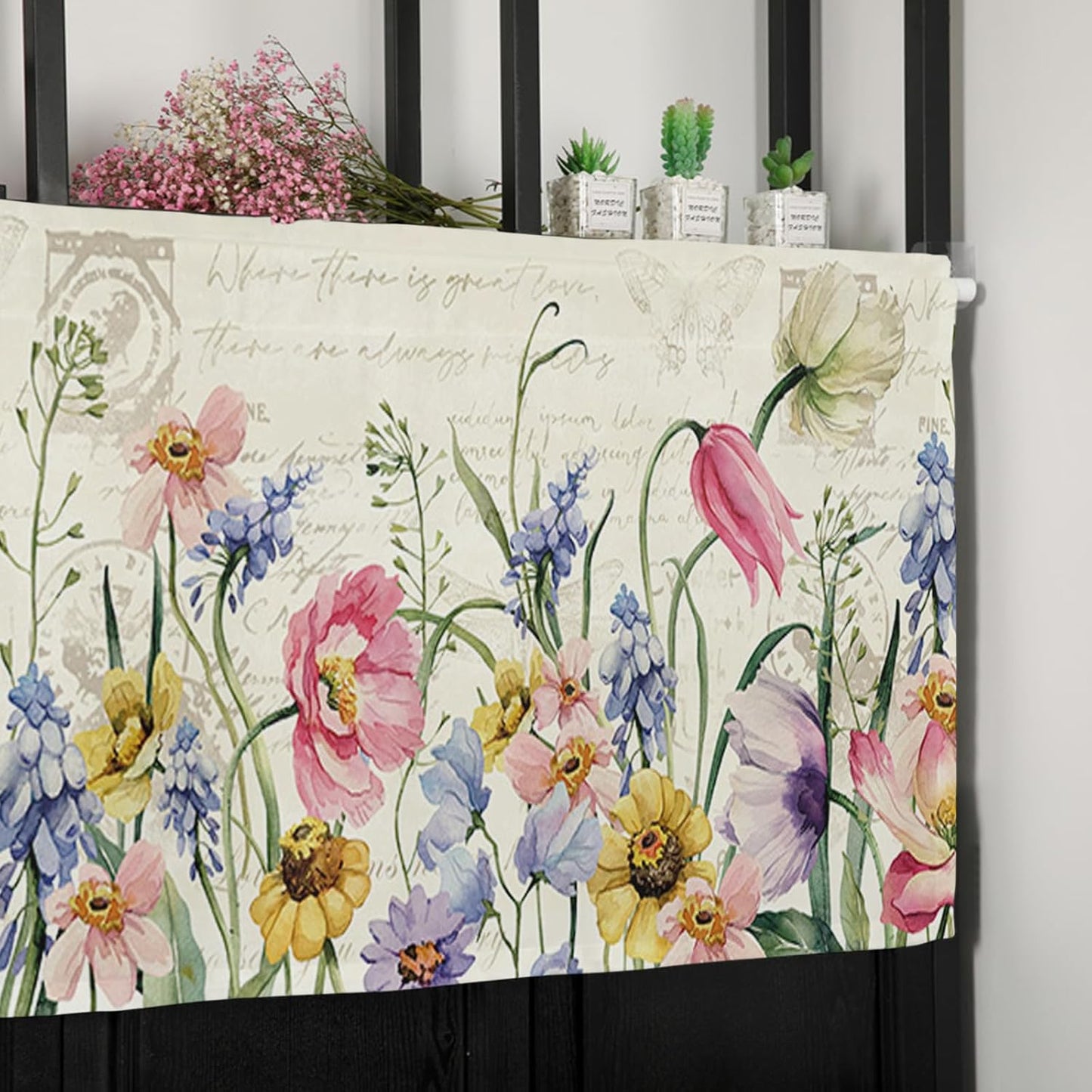 Spring Curtain Valances for Windows, Retro Wild Plants Flowers Rod Pocket Valance Window Treatments Botanical Short Curtains for Kitchen Bathroom Living Room 54 x 18 Inches, 1 Panel BST326H