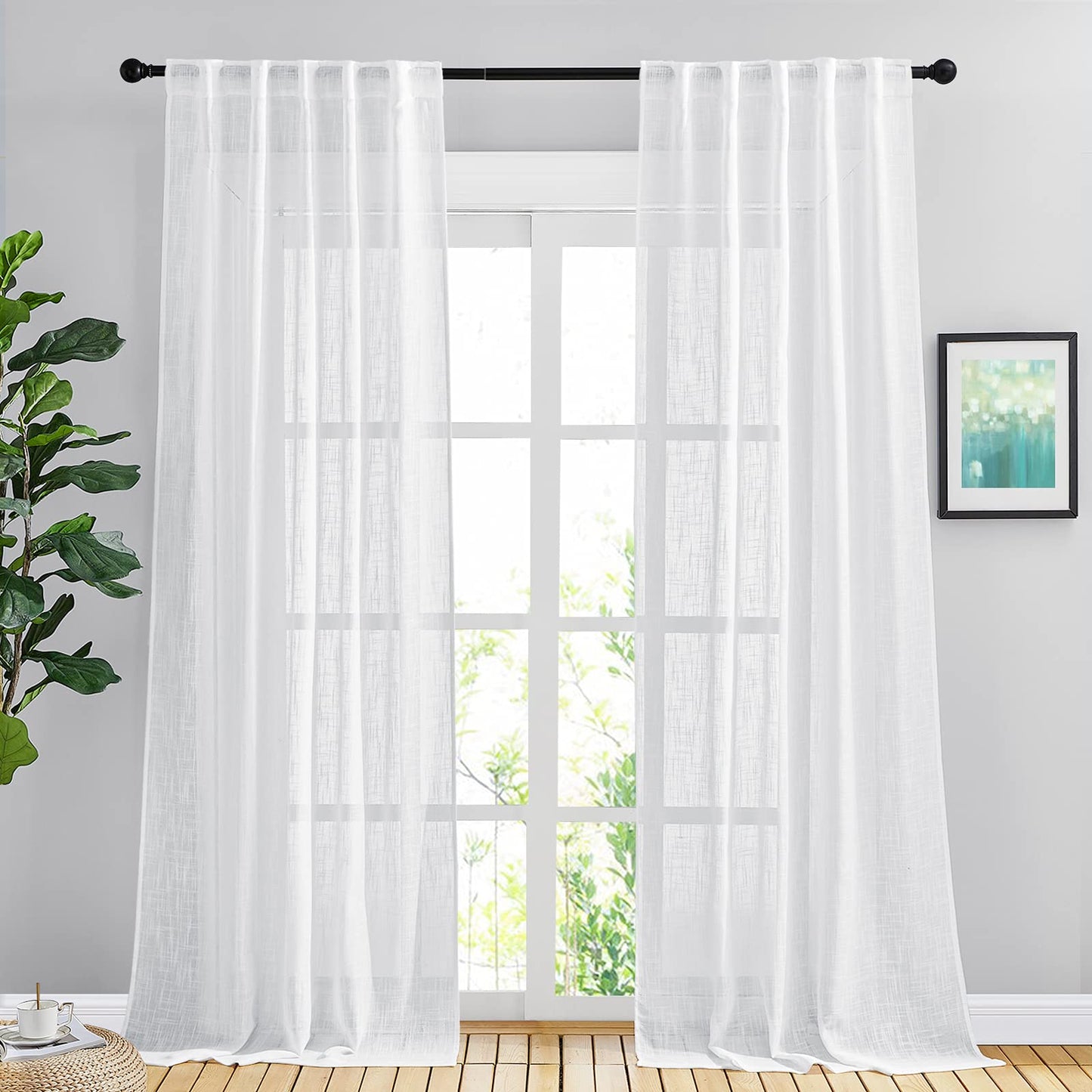 NICETOWN White Semi Sheer Kitchen Curtains 30 inch Length, Rod Pocket & Back Tab Faux Linen Blend Privacy with Light Filtering Window Drapes for Cafe, W34 x L30, 2 Panels BST220