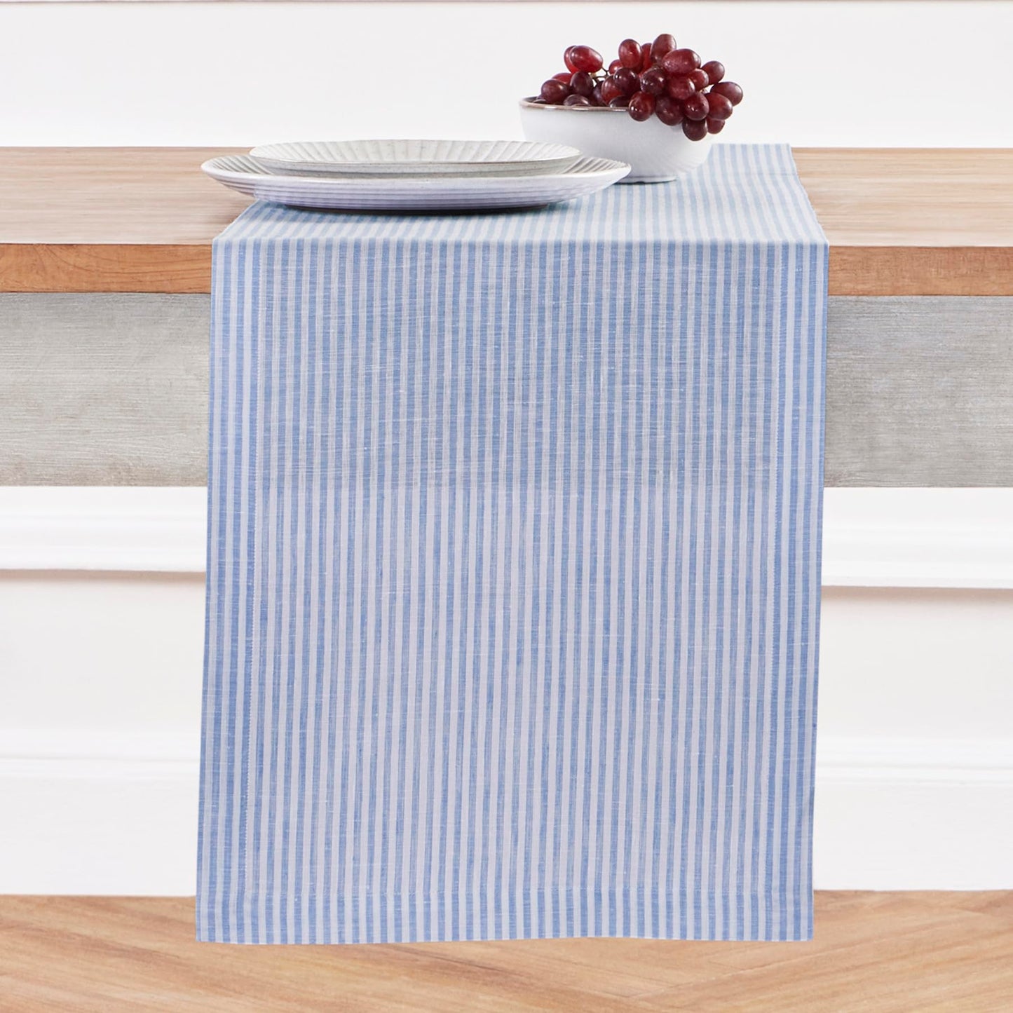 Solino Home 100% Pure Linen Table Runner Stripe Striped, Julia 14 x 72 in | Table Runners for dining, hallway and console tables; woven stripe, mitered corners; Muted Pastel Stripe; OEKO-TEX Certified BST326SOLH