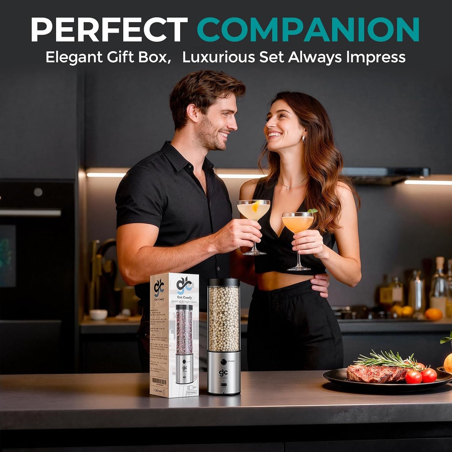 Electric Salt & Pepper Grinder Set One-Handed Automatic Pepper Mill with LED Light Adjustable Coarseness Large-Capacity Refillable Mill Durable Ceramic Core Battery Powered Seasoning Grinder for Home BST202