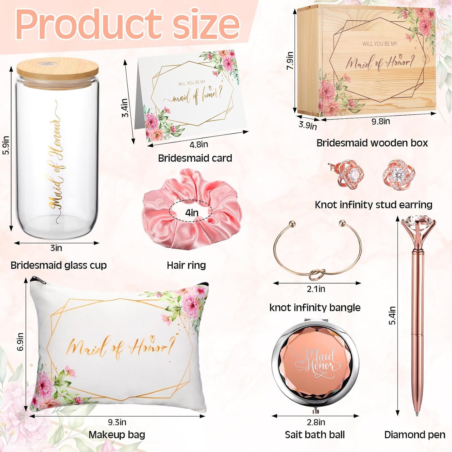 Bridesmaid Proposal Gifts Maid of Honor Proposal Gifts Set Will You Be My Bridesmaid Wooden Gift Box 17oz Glass Tumbler Cup Makeup Bag Compact Mirror Bracelet Diamond Pen for Wedding WN420