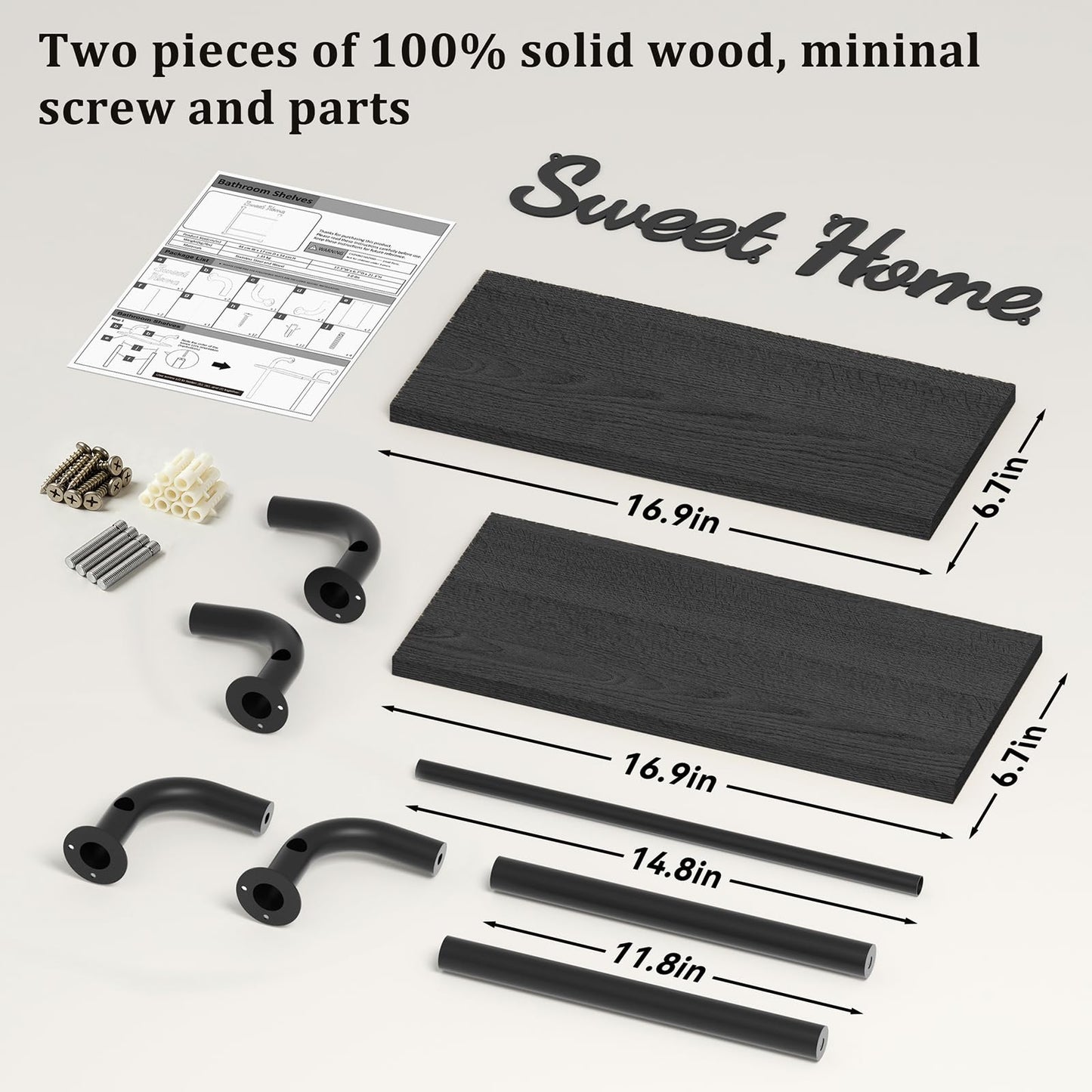 Tinpin Bathroom Shelves Wall Mounted, Rustic Farmhouse Pipe Shelves, Walls Shelf 3-Tier, Industrial Pipe Shelving, Floating Shelf Wall Decor for Bathroom, Kitchen, Bedroom, Living Room 17.3in Black DD1210