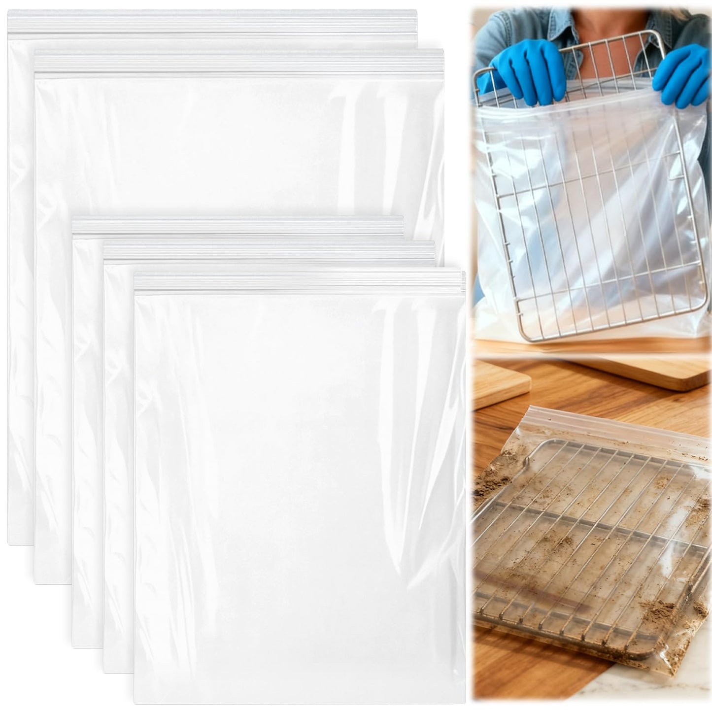 Palksky Oven Rack Cleaning Bags, 3 Sizes Heavy Duty No Scrub Bags for Use with Oven Cleaner, Reusable Leak-Resistant PE Bags for Deep Soaking Grill Grates & BBQ Racks, No Cleaner Included, 16 Packs WN420
