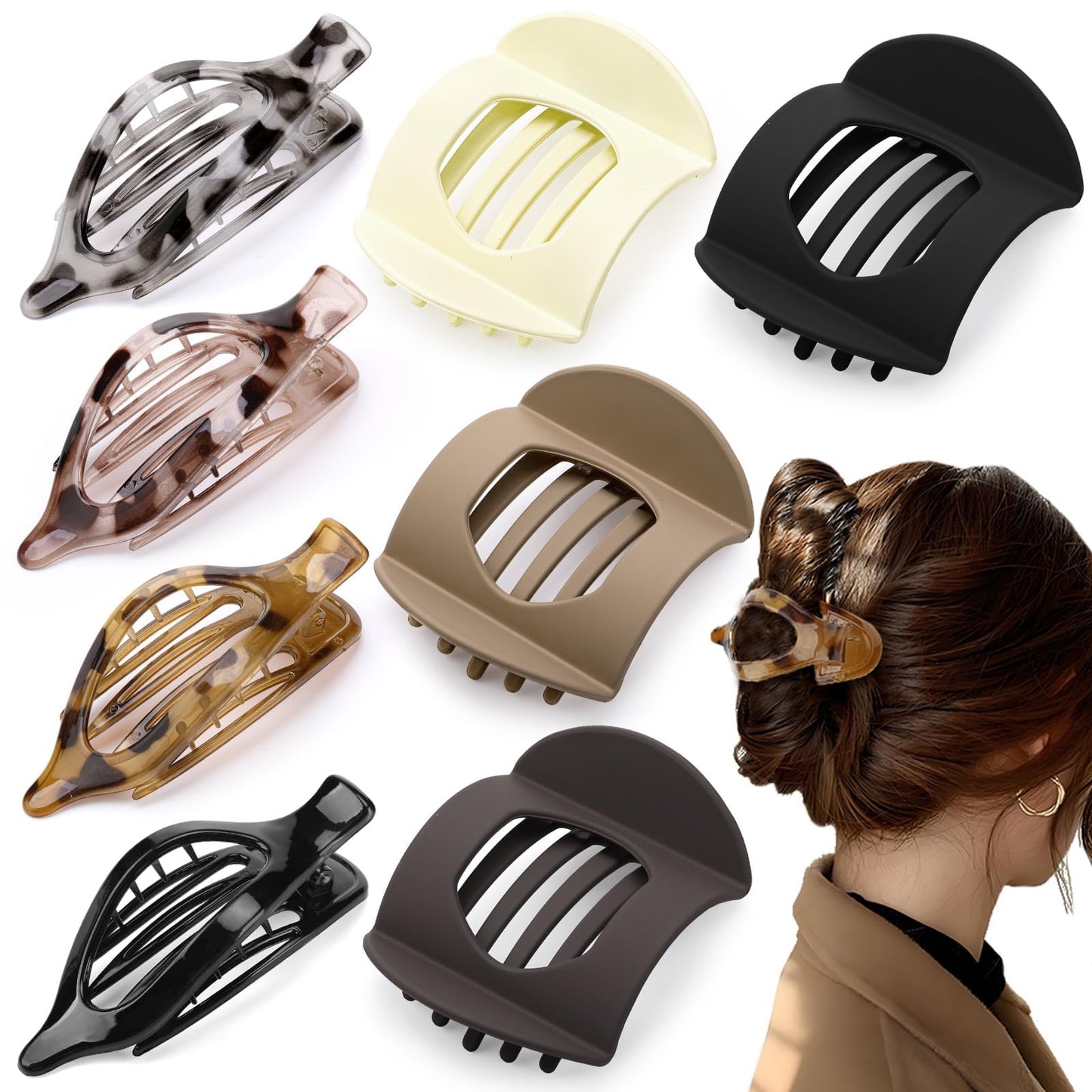 8 Pcs Flat Hair Clips for Women, 2 Styles Large Flat Claw Clips for Women, Strong Hold Non-slip French Hair Clips for Thick Thin Hair, Neutral Color WN420
