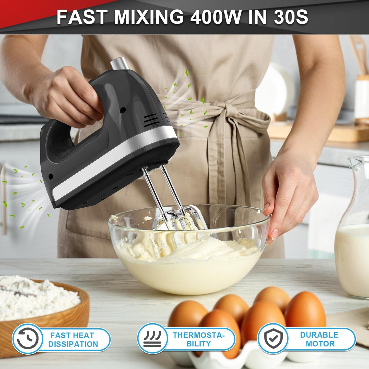 Lord Eagle Hand Mixer Electric Handheld 400W, 5-Speed Lightweight Kitchen Mixer with Storage Case, 5 Stainless Steel Attachments for Baking Cake Egg Cream Food Beater, Turbo+Eject Button, Pink