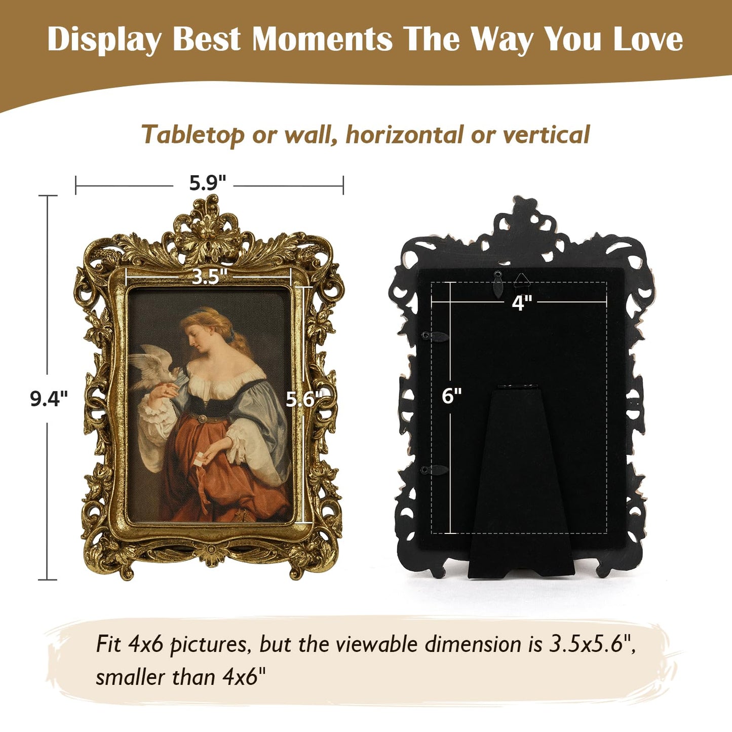 5x7 Wedding Picture Frame Gold,2 Pack Small Frame for Gallery Decor | Durable Resin Material,Tabletop & Wall Display,Real Glass,Rose Floral Design,Antique Brass Finish,Wedding Arrangement Decor BST326H