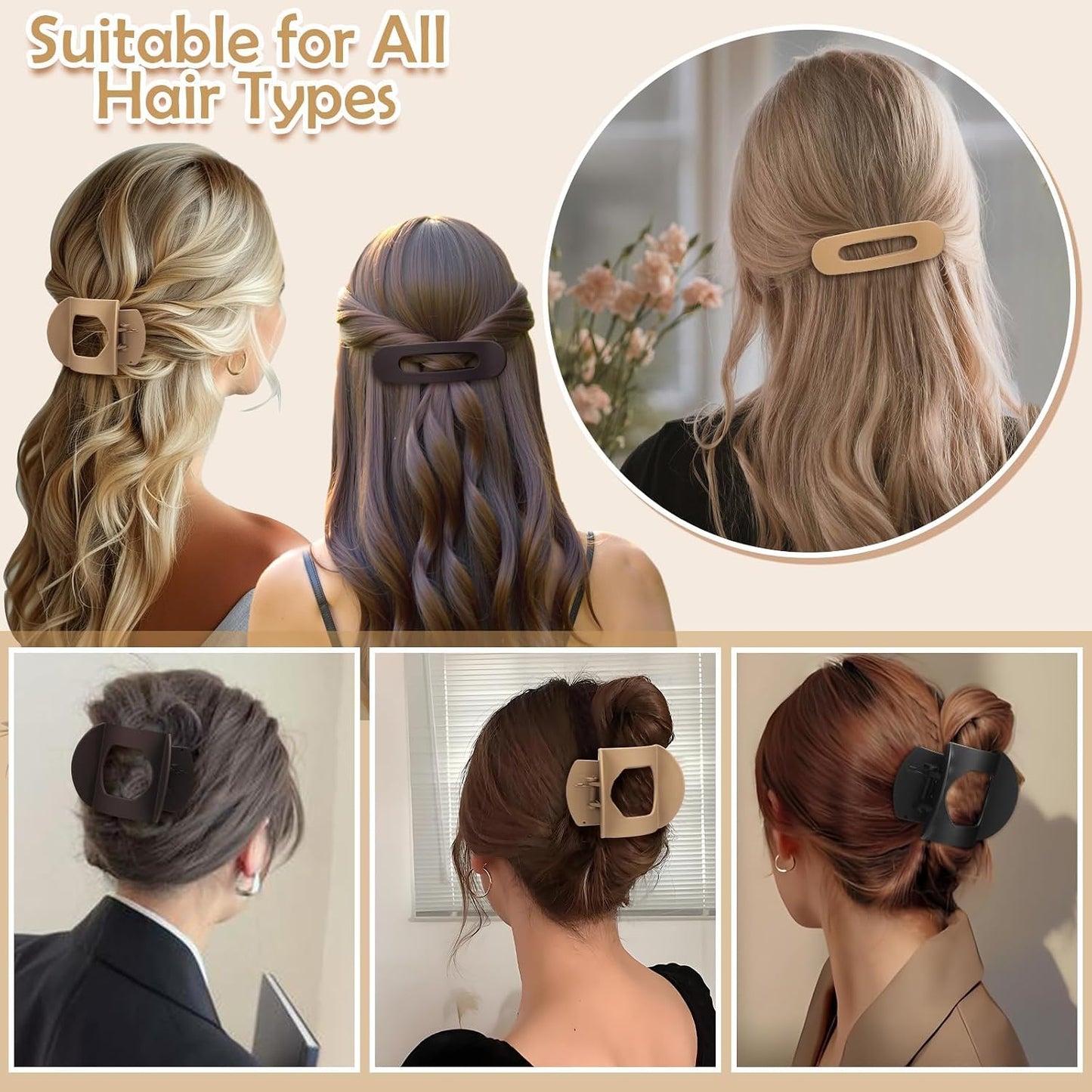 8 Pcs Flat Hair Clips for Women, 2 Styles Large Flat Claw Clips for Women, Strong Hold Non-slip French Hair Clips for Thick Thin Hair, Neutral Color WN420