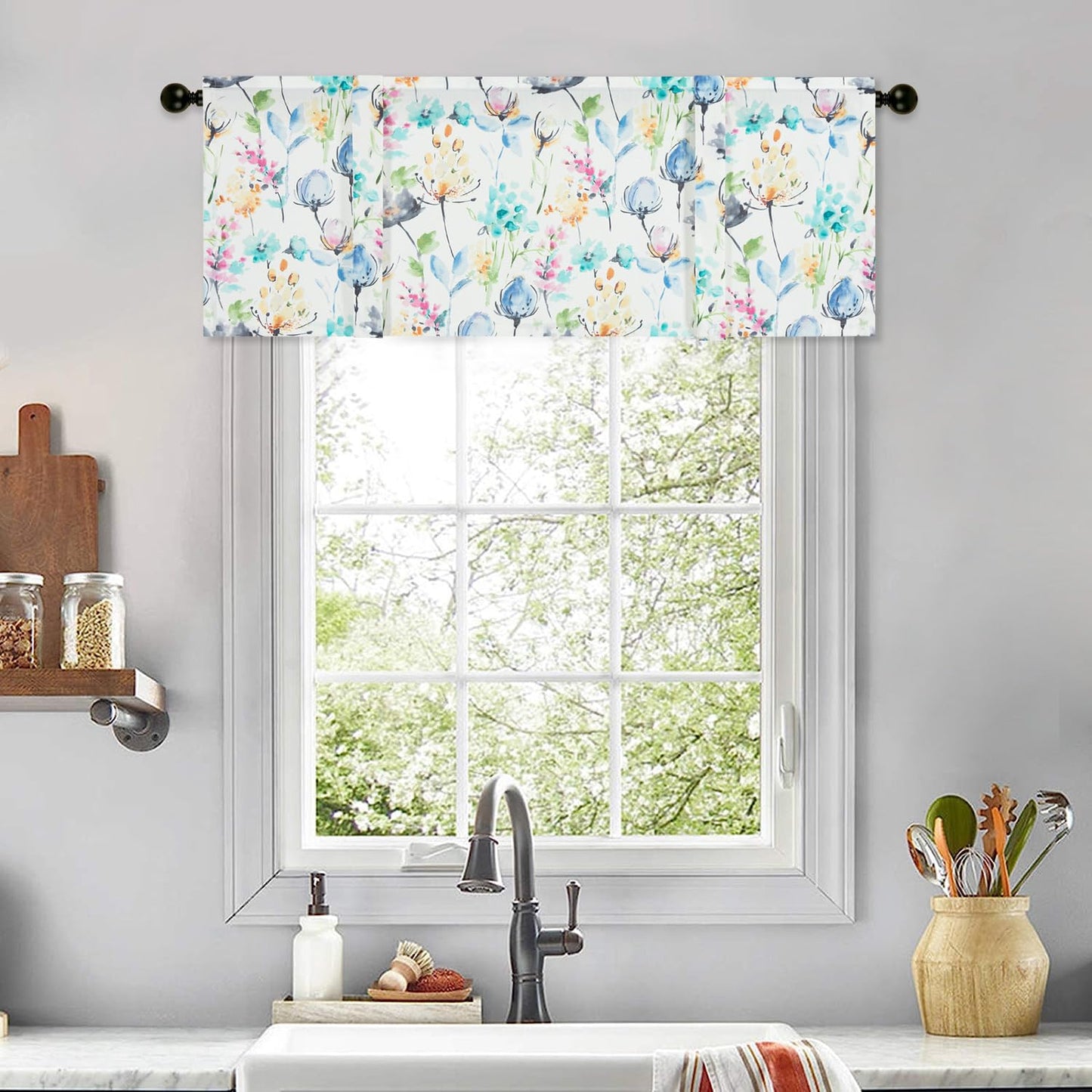 Leeva Farmhouse Kitchen Valances for Windows, Watercolor Blossoming Floral Print Curtains, Soft Faux Linen Curtain Toppers and Valances for Bedroom, 60 x 14 Inch, Brown & Grey, 1 Panel BST220