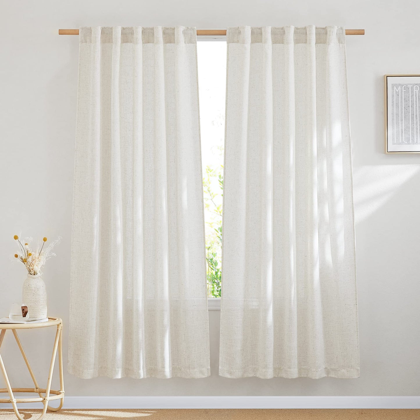 NICETOWN White Semi Sheer Kitchen Curtains 30 inch Length, Rod Pocket & Back Tab Faux Linen Blend Privacy with Light Filtering Window Drapes for Cafe, W34 x L30, 2 Panels BST220