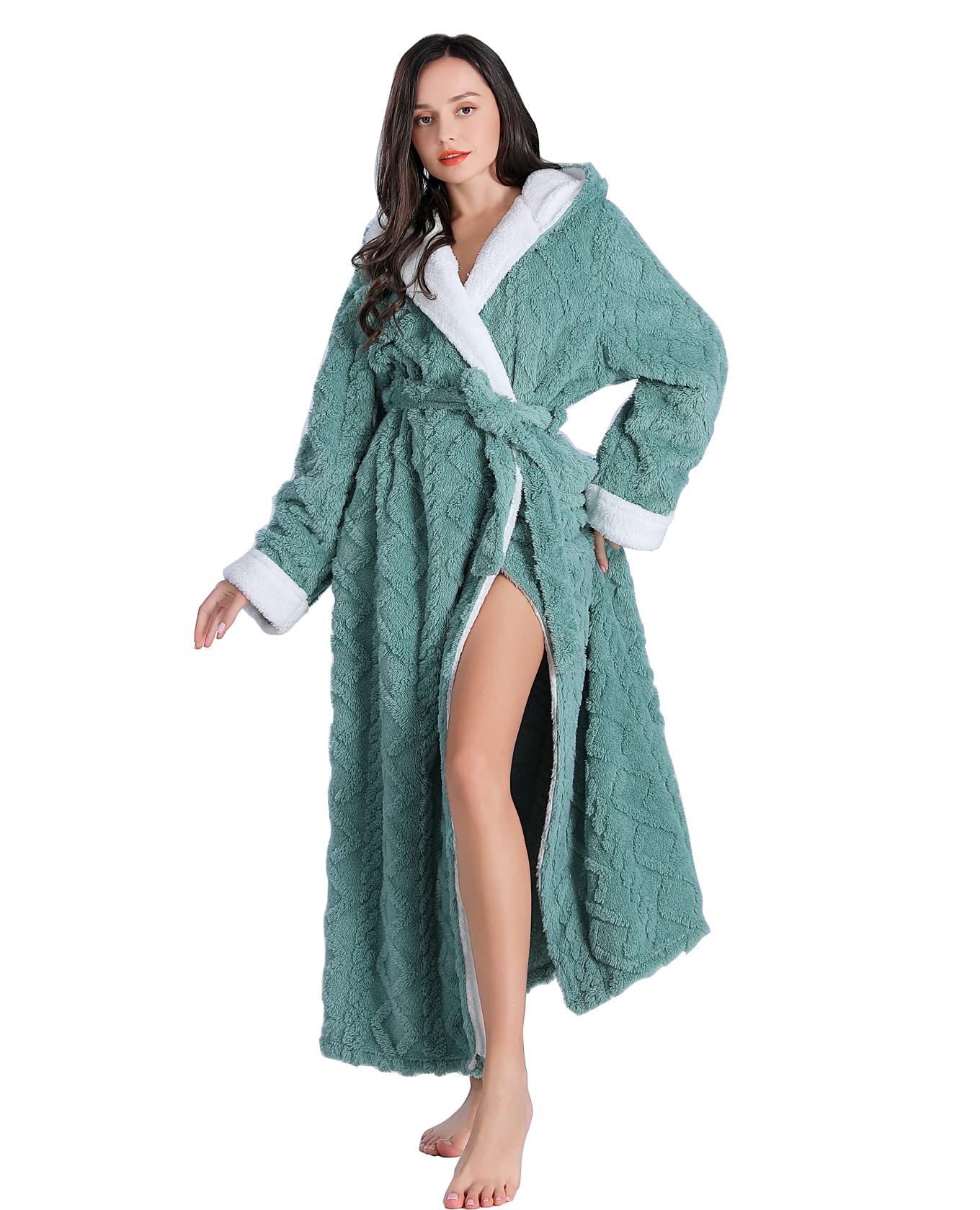 LKG women's robes long plush hooded ladies shower luxury christmas warm fuzzy robes house coat bathrobe for women full length WN420