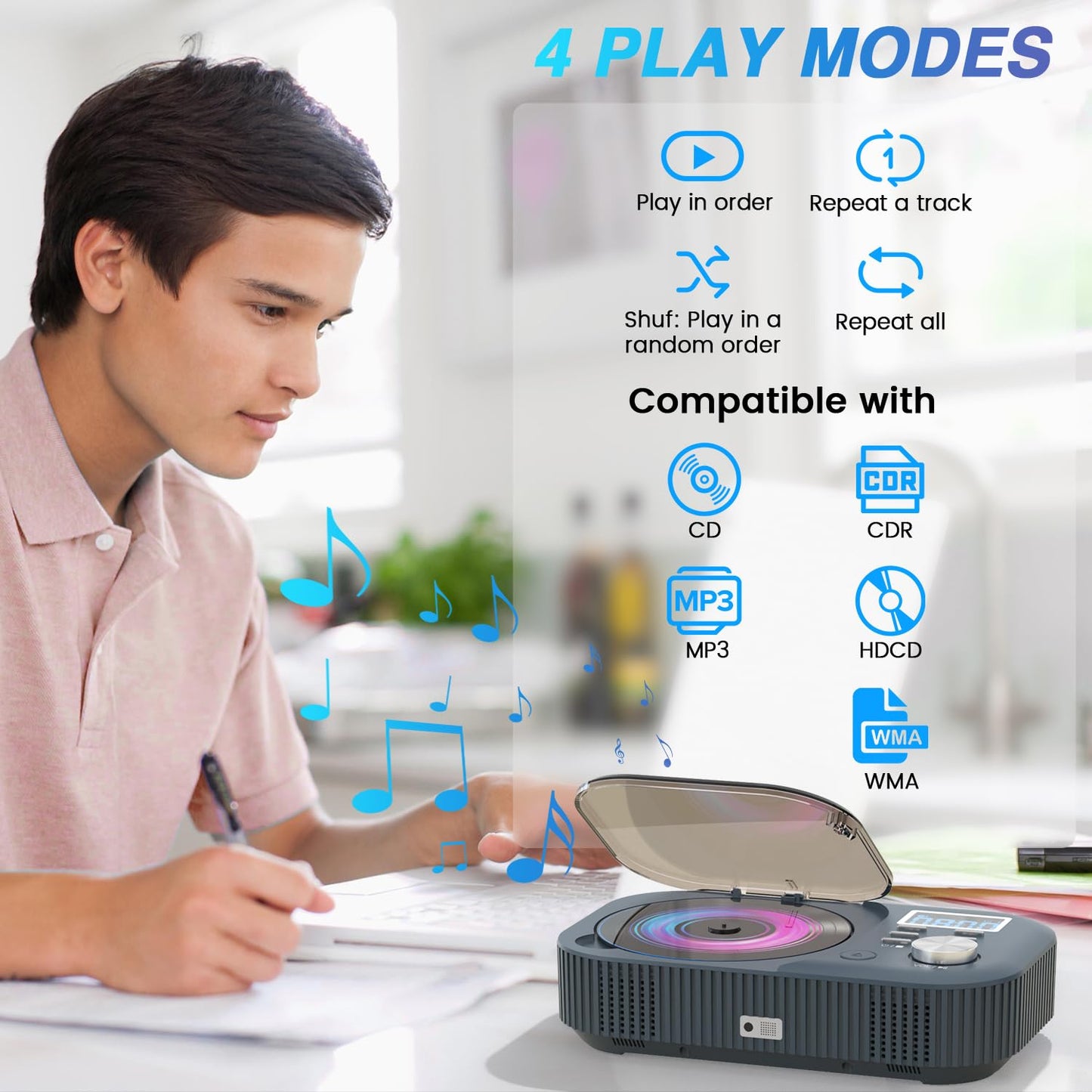 CD Player Portable,MONODEAL White Noise Portable CD Player with Bluetooth/Dual Stereo Speakers,Support FM Radio/USB/AUX,Remote Control,4000mAh Rechargeable CD Players for Car/Home Navy Blue