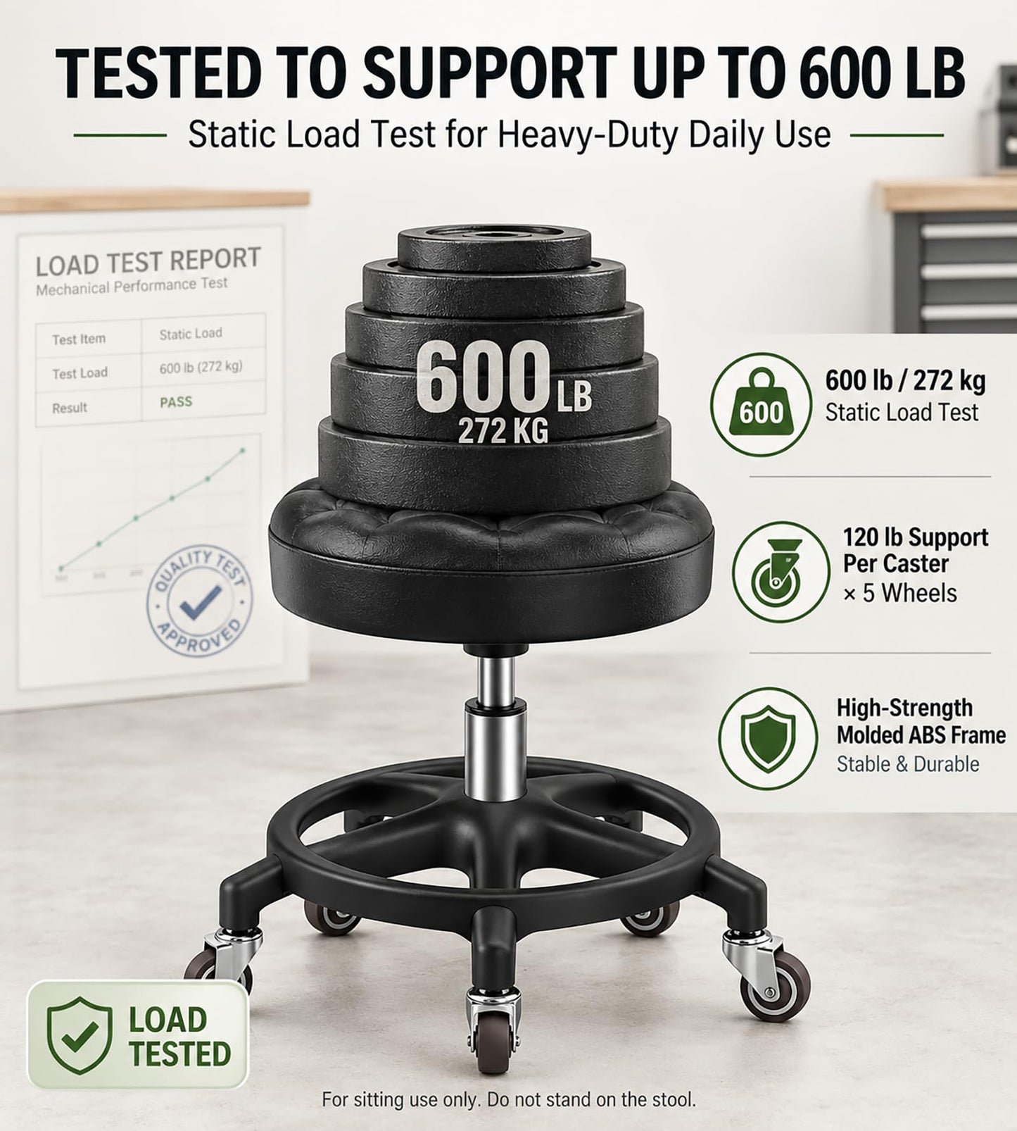 Low Rolling Stool with Smooth & Quiet Bearing Rubber Wheels, Heavy Duty 600 lb Capacity Mechanics Rolling Seat for Garage, Salon, Cleaning & Auto Repair, Black Seat with Black Frame WN420