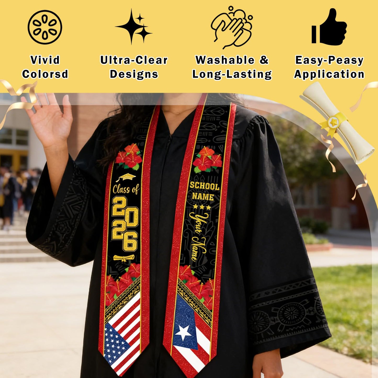 Dazoratix Filipino Graduation Stole 2026 - Philippines American Flag Sash Personalized Custom Glitter Iron on Letters Patches DIY Customize Transfer Stickers for Senior Student School Grad Decorations BST326L