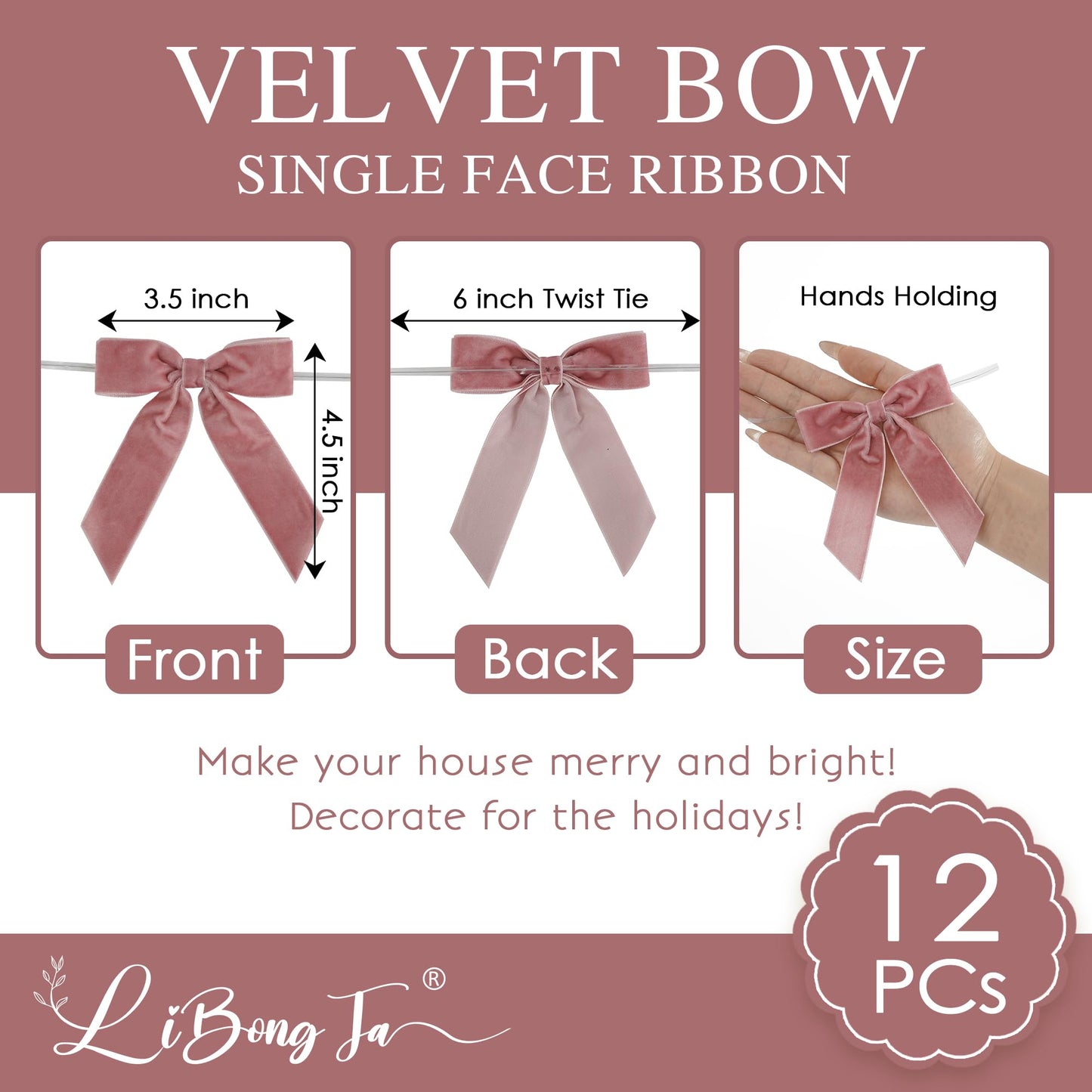 3.5" Dusty Rose Pre Tied Bows Velvet Pink Ribbon Bows, Gift Bows for Presents, Valentine Bows with Twist Ties for Wreaths, Party Decor, Crafts, Valentine Package Bows-12 Counts BST220