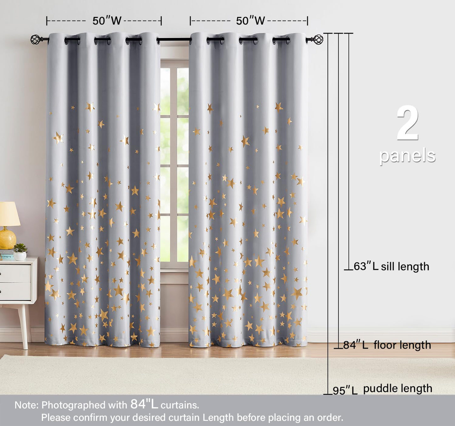 Treatmentex Gold Star Black Full Blackout Curtains for Boys Bedroom, Metallic Window Panels for Baby Nursery Room Grommet Top 2 pcs(Black Gold, 50x63in) BST202
