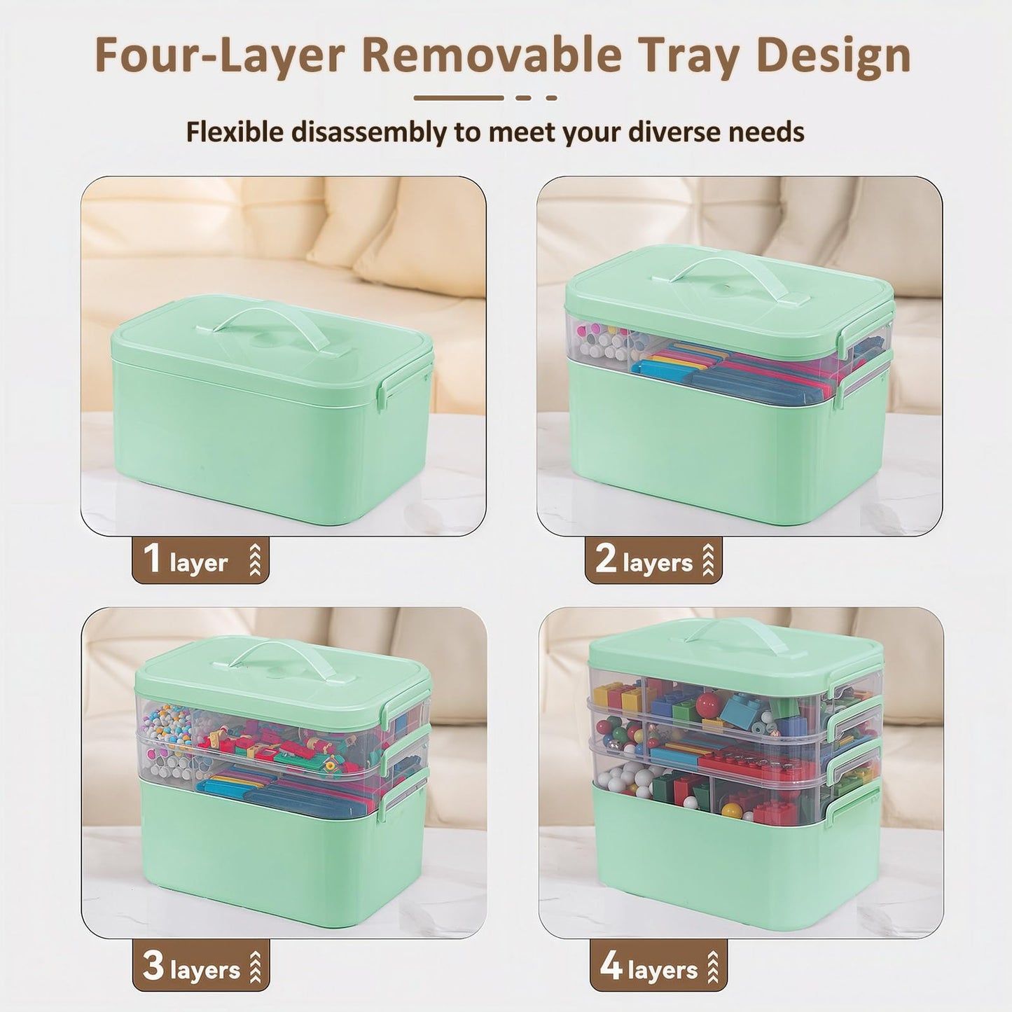 Gifhomfix 4-Layer Plastic Craft Organizers and Storage Box with Removable Trays, Storage Containers with lids and Handle, Art Supply Storage Organizer for Organizing Bead, Sewing, Tool（Green） BST220