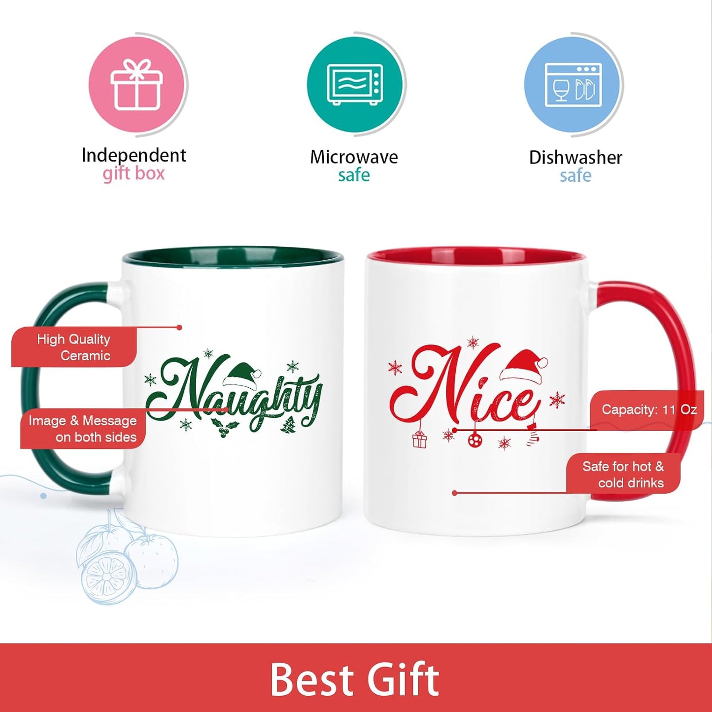 Cabtnca Christmas Mugs Set of 2 - Naughty & Nice Coffee Mugs, Holiday Gifts, Merry Christmas, Xmas Gifts for Women Friends, 11 Oz WN420