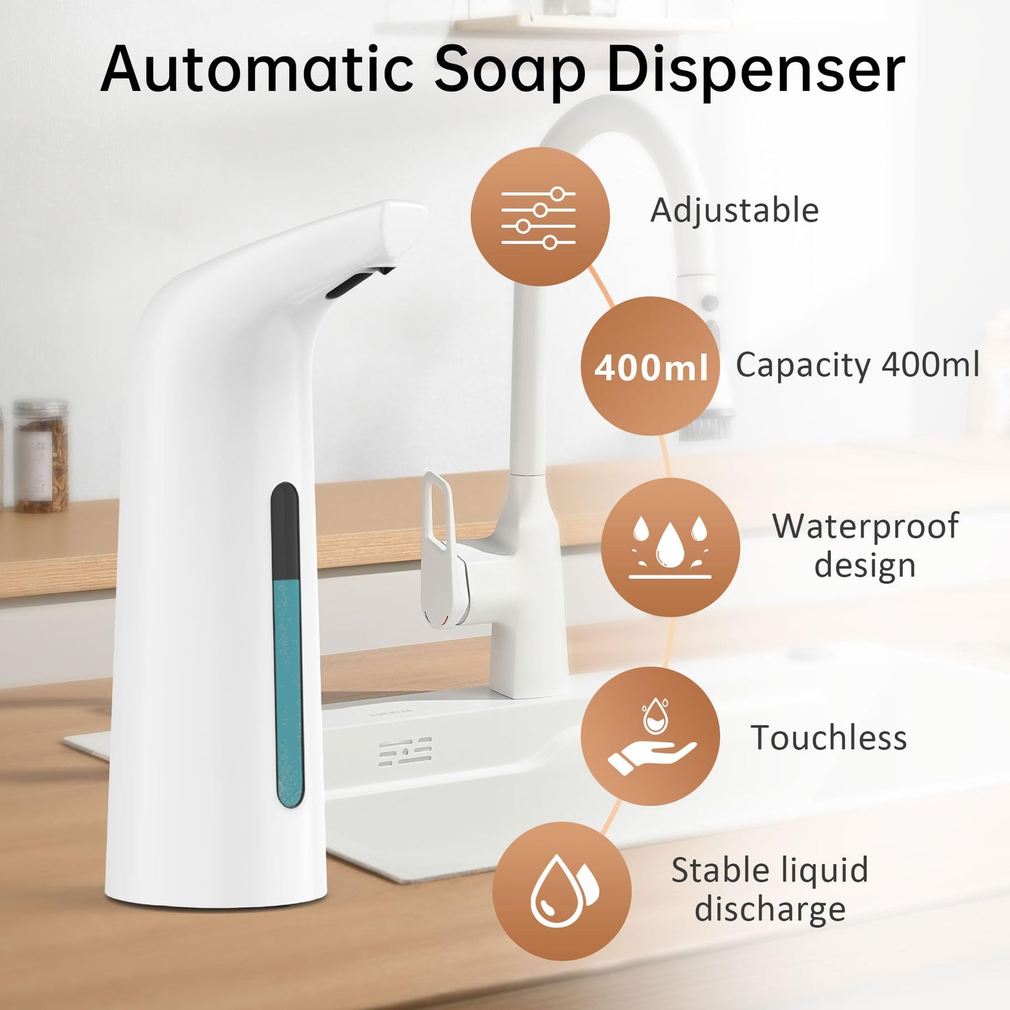 Automatic Soap Dispenser Touchless,400ML Hand & Dish Countertop Electric Liquid Dispenser with Sensor,Modern 4 Gear Adjustable Black Waterproof Battery Operated Kitchen Auto Soap Pump WN420