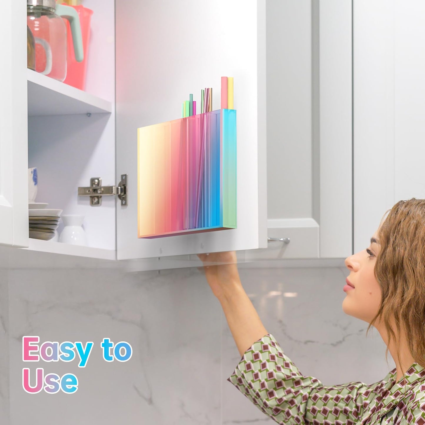 NiHome 10” Large Clear Acrylic Straw Holder for Cabinet Door – Fully Enclosed Straw Organizer for Cabinet Doors or Countertops, Ultra Sticky Mount, Space-Saving Kitchen Accessories Container BST326H