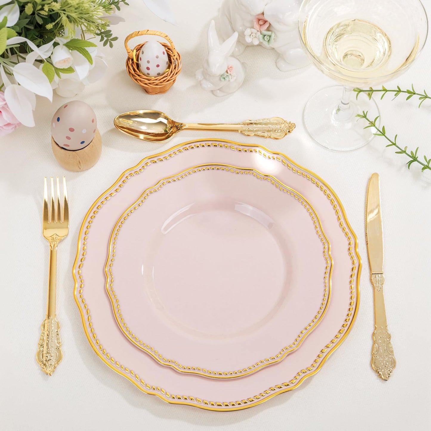 Hioasis 60pcs Pink Plastic Plates - Pink and Gold Disposable Dinnerware with Gold Rim N26