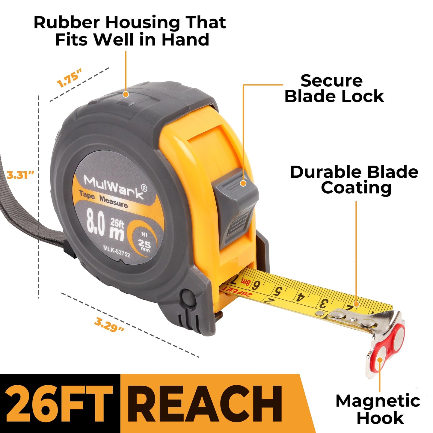 MulWark 25ft Metric Tape Measure, Measuring Tape Retractable, Easy Read Measurement Tape Both-Side Metal Blade, Magnetic Hook & Shockproof Case for Construction, Carpenter, Architect, Woodworking