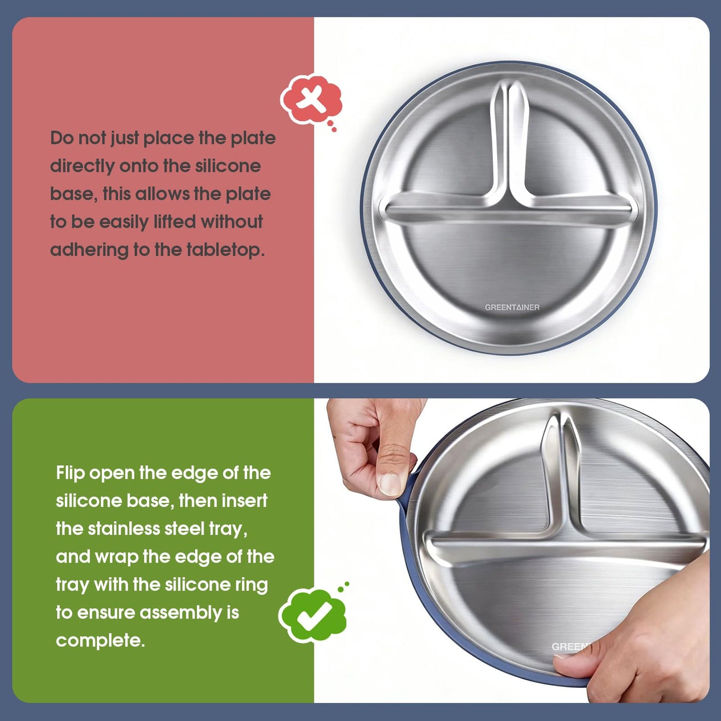 Greentainer 3 Pack Stainless Steel Baby Plates with Suction, Divided Toddler Plates with Removable Silicone Sleeves, Unbreakable Kids Dishes for Dinner & Snack, Non-Toxic, Dishwasher Safe BST326H