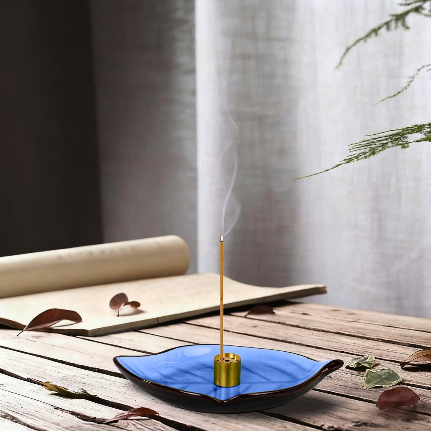 Incense Holder for Sticks (9 Holes) and Cones, Handmade Ceramic Incense Ash Catcher for Meditation, Yoga, SPA Days, Relaxing, Home Decor, Candle Holder, Easy to Clean, Leaf-Shape (Blue) BST220