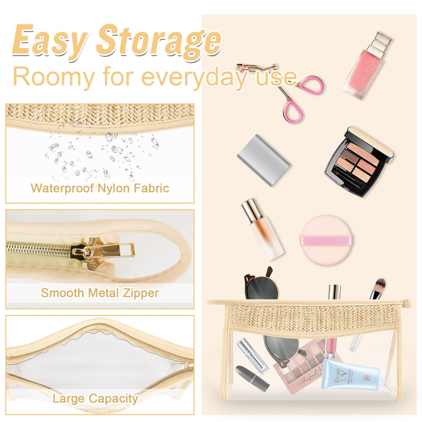 Boho Clear Makeup Bag Cosmetic Zipper Pouch Purse, Clear Toiletry Bags Travel Small Preppy Cute DIY Chenille Letter Bag, Transparent PVC Waterproof Clutch Make Up Organizer Storage Bag for Women Girls BST220