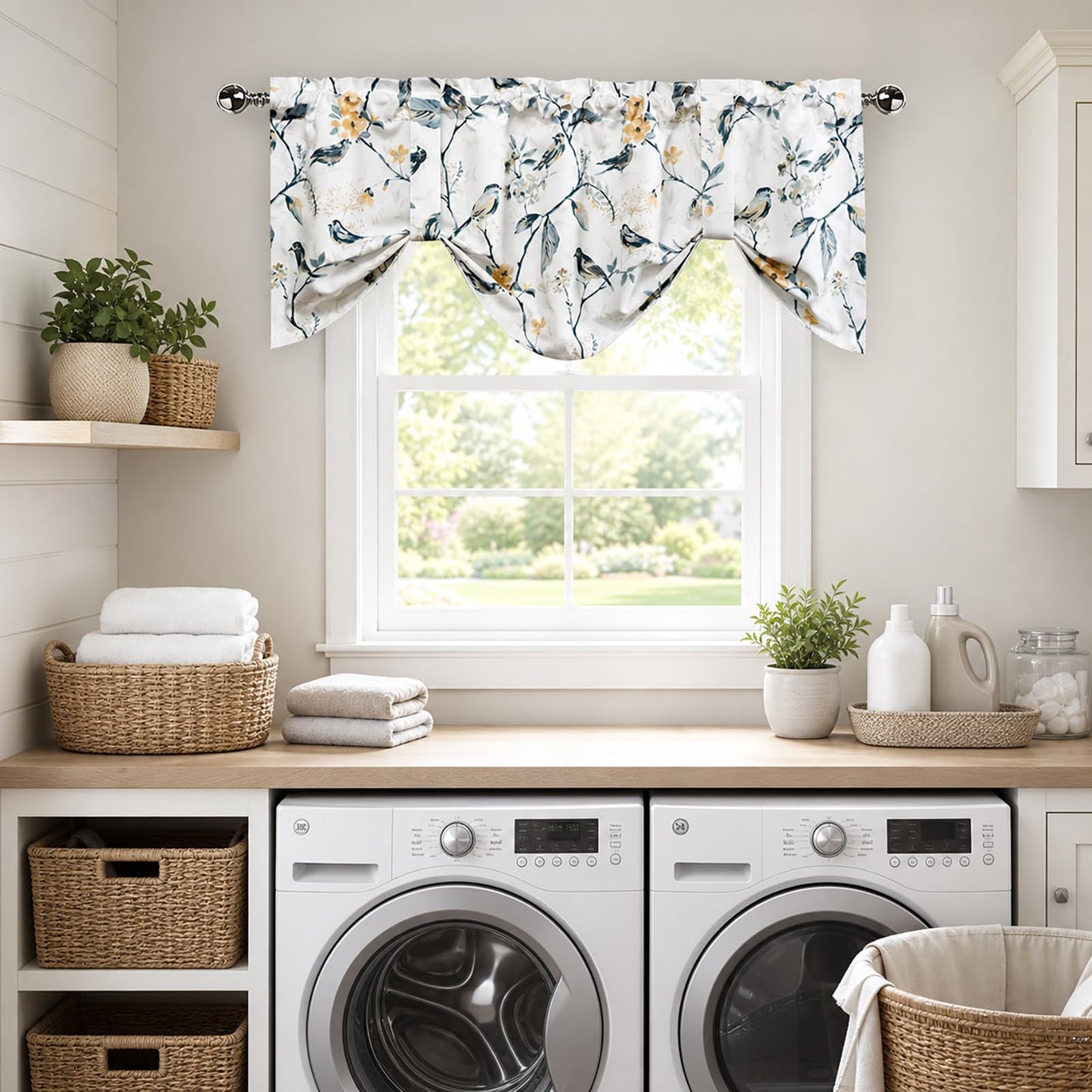 Leeva Tie Up Valance for Windows, Elegant Birds Pattern Light Filtering Window Treatment Valances for Bedroom Kitchen, One Panel, 52 x 18, Light Blue BST220