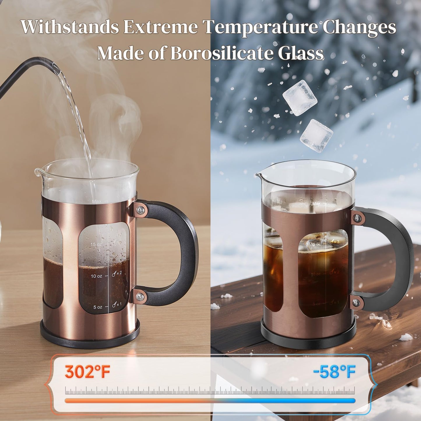 Veken French Press Coffee Maker 34oz, No Plastic Touching Cafe,Thickened Glass Stainless Steel Brewer, Cold Brew Cafetera Tea pot for Kitchen Travel Camping, Gifts, Decor, Bar Accessories, Dark Pewter