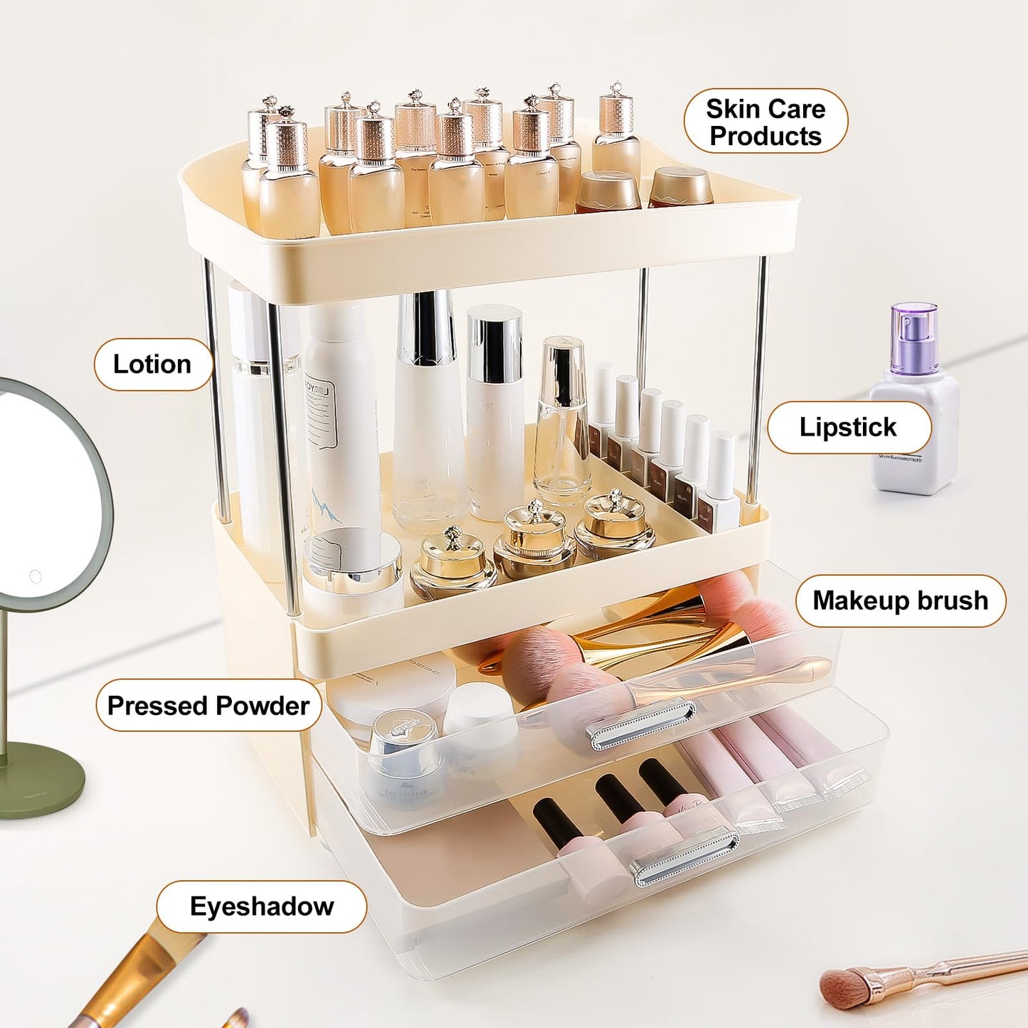 DASITON 4 Tiers Makeup Organizer, 2 Drawers Large Cosmetic Organizers for Vanity Bathroom Countertop, Bathroom Organizers and Storage for Skincare, Cosmetic, Perfume, Dresser Organizer (Cream+Clear) BST220