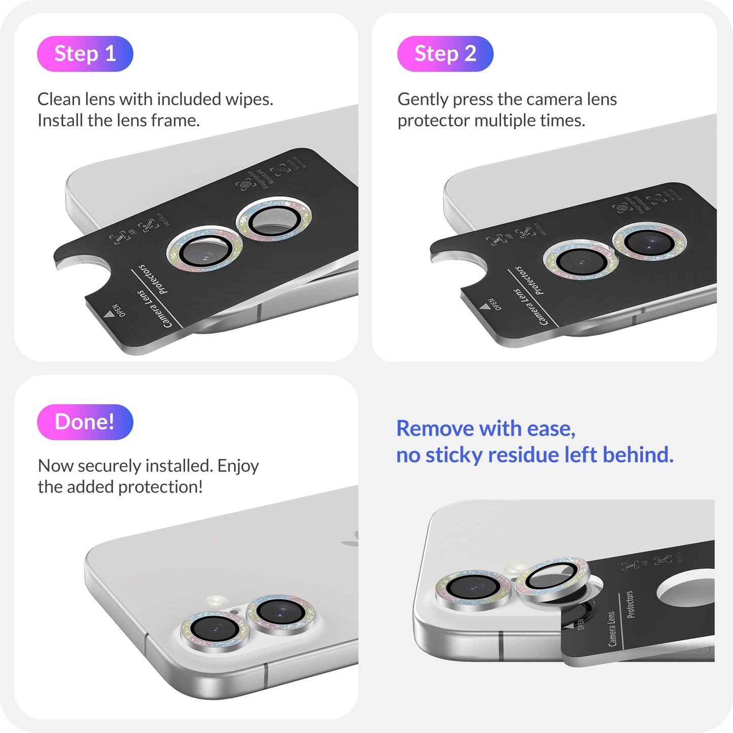 LONLI - for iPhone 16 Pro | 16 Pro Max - Triple Individual Camera Lens Protector - Rainbow Holographic Glitter WN420