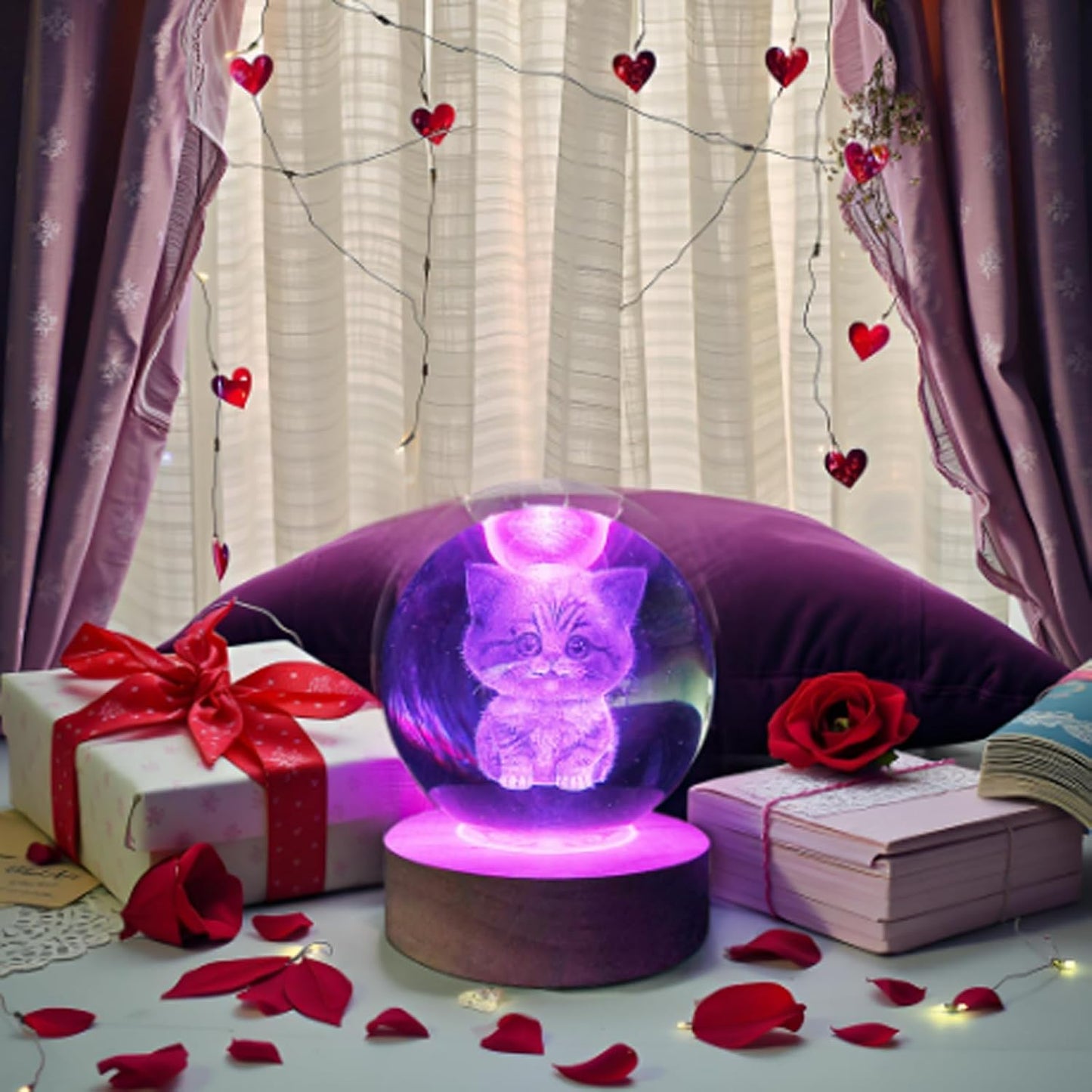 3D Kitten Crystal Ball 3.15" / LED Gradient Color Wooden USB Switch Base/Cat-Themed Couple Gift/Birthday,Christmas Gifts for Women WN420