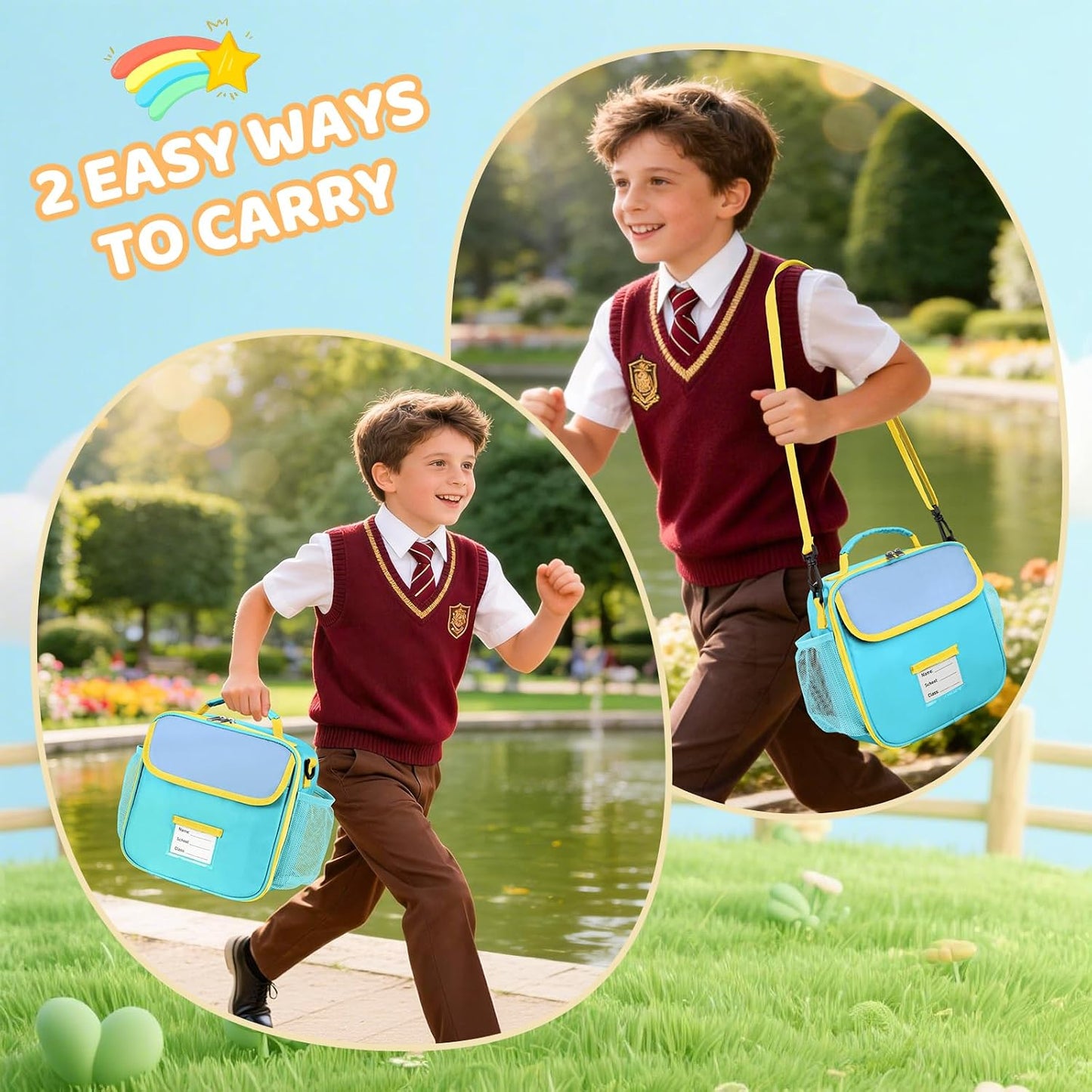 Lunch Bag for Kids Insulated Lunch Boxe for Boys Girls Small Reusable Cooler Tote Lunchbag Back to School Cute Lunchbox for Teens (light blue) WN420