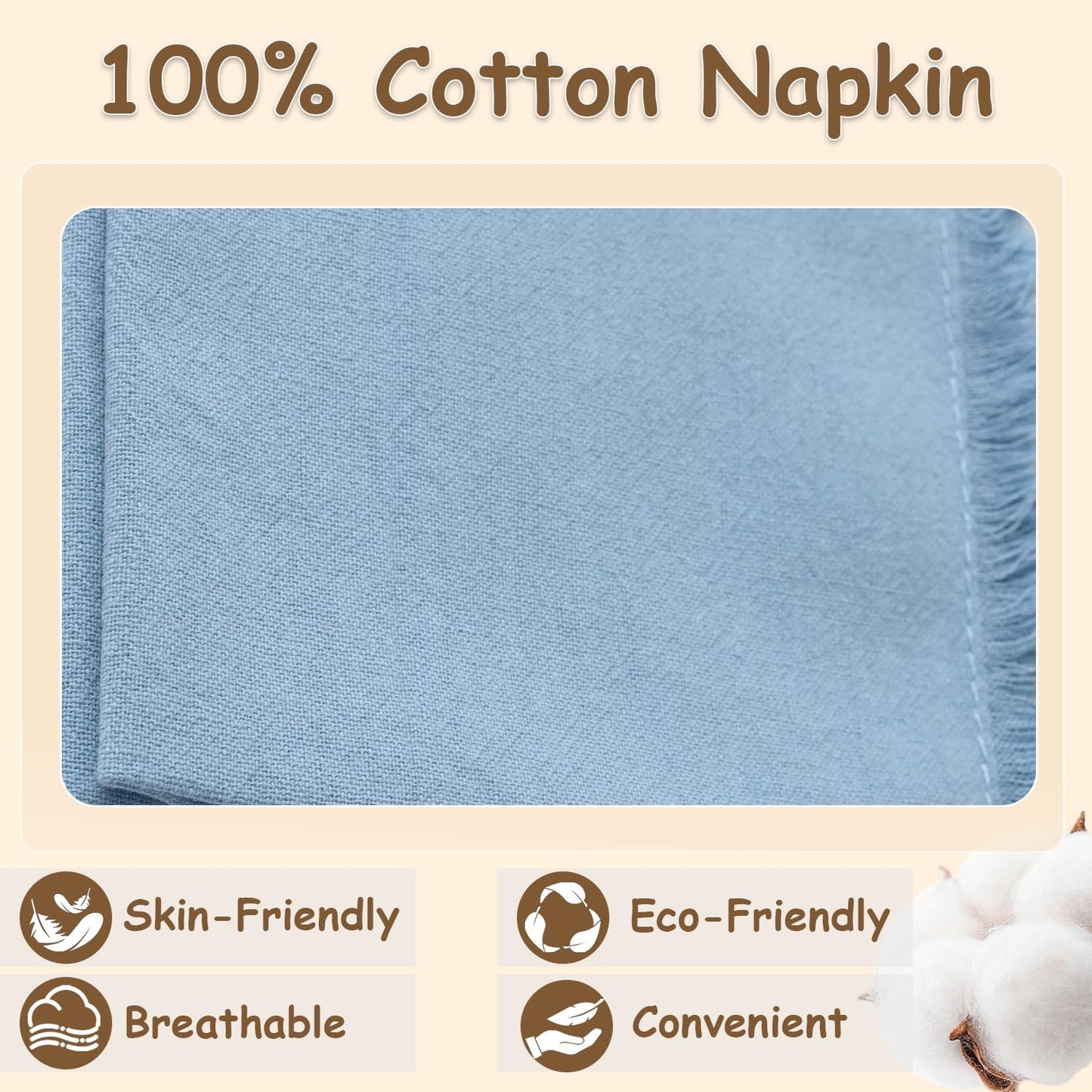 Eco Hanky 10x10in Reusable Small Cotton Napkins (Rustic Fringe), LPK,6pk | Ideal for Kids Napkins for Lunch, Suitable for Dinners, Weddings, Birthday, Cocktail Parties BST220