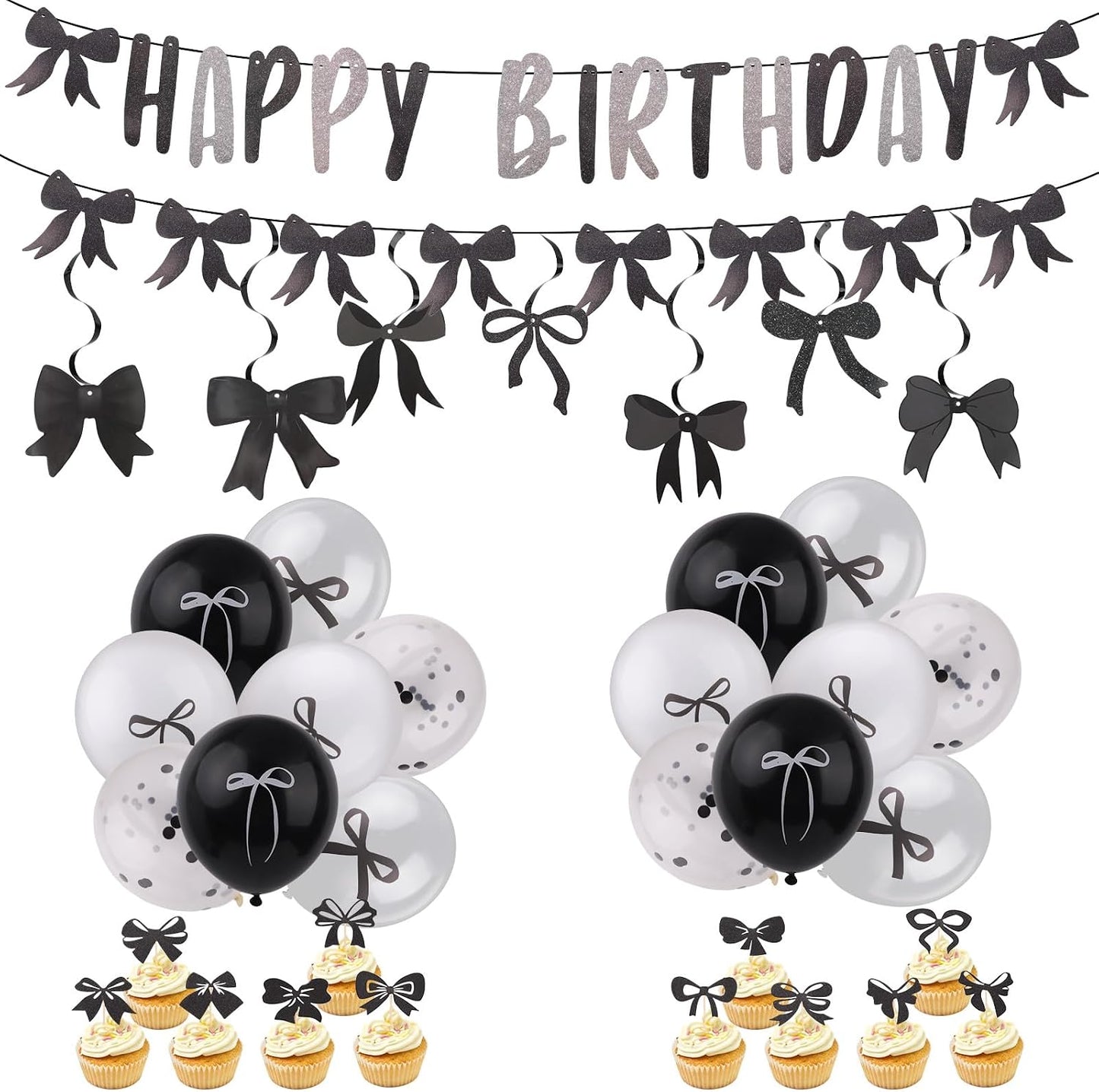 Black Bow Birthday Party Decorations, Bow Coquette Party Decor with Happy Birthday Banner Garland Black White Balloons Hanging Swirls Cupcake Toppers for Girls Women Bow Theme Decor BST220