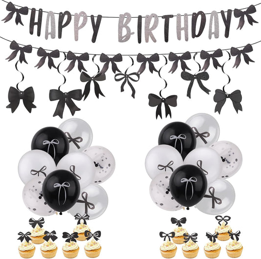 Black Bow Birthday Party Decorations, Bow Coquette Party Decor with Happy Birthday Banner Garland Black White Balloons Hanging Swirls Cupcake Toppers for Girls Women Bow Theme Decor BST220