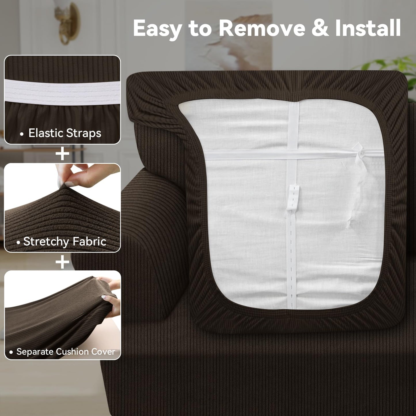 Waterproof Chair Cover with Arms 2-Piece Set Striped Slipcover for 1 Separate T Cushion Couch - TPU Fabric Armchair Covers Leakproof Couch Protector for Kids, Pets(Chair, Beige) BST220