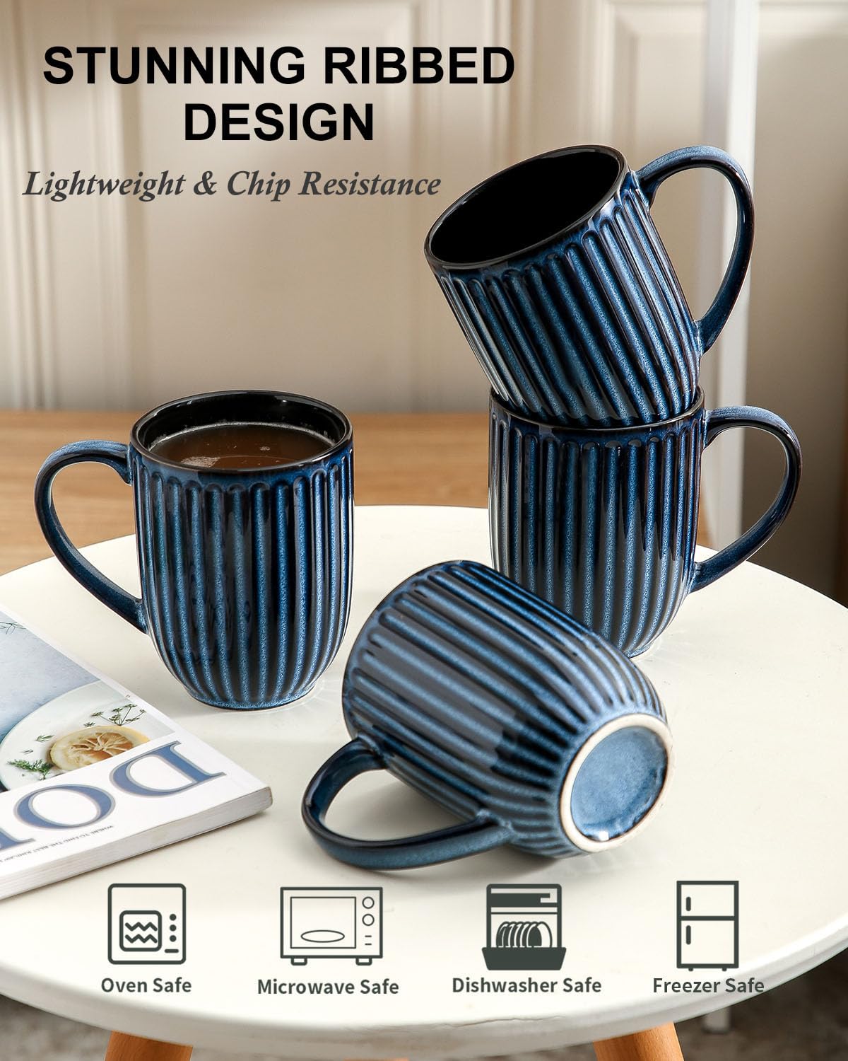 HASENSE Textured Large Coffee Mugs Set of 4, 16 Oz Ribbed Ceramic Cups with Large Handle for Latte Tea Cappuccino, Stackable Embossed Mug Set for Mom Dad, Microwave Dishwasher Safe, Creamy White BST220