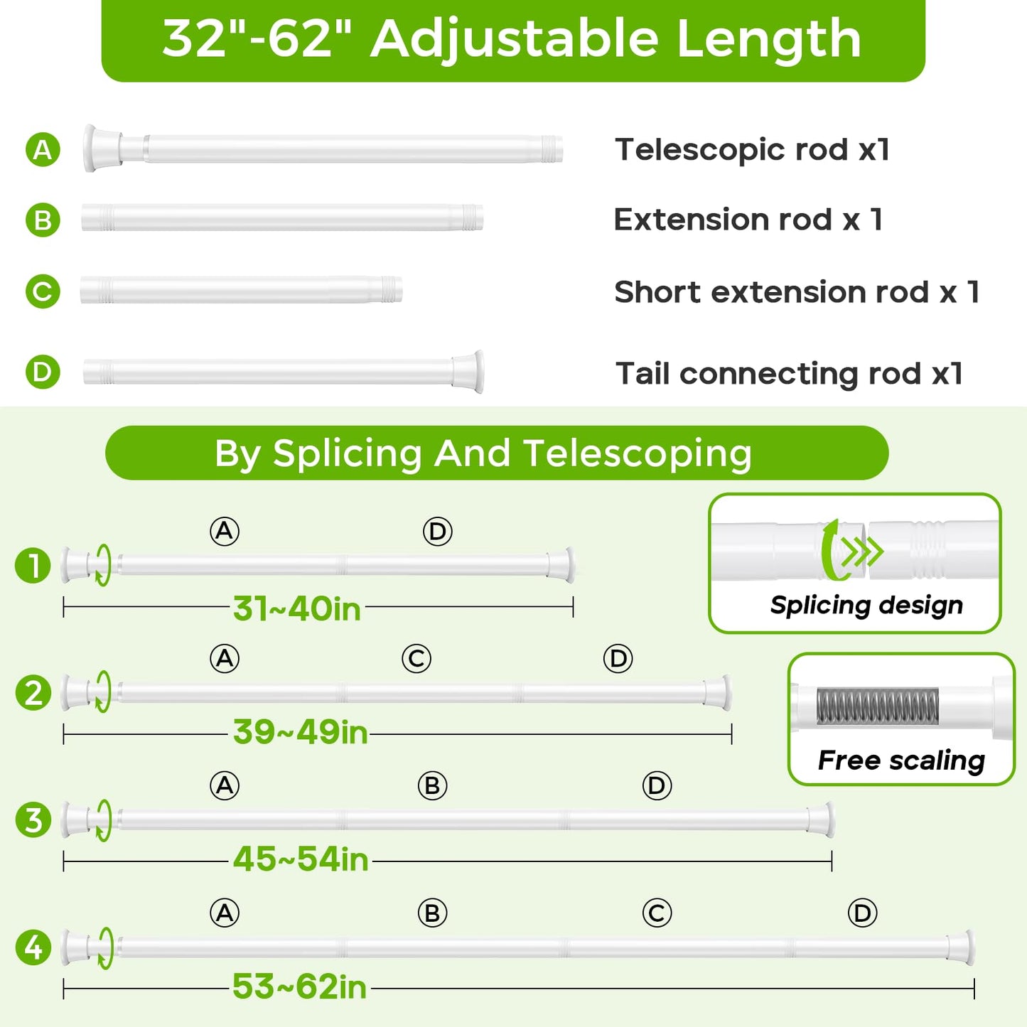 White Shower Curtain Rod 32 to 76 Inches Adjustable, 7/8 Inch Diameter Heavy Duty Tension Curtain Rods No Drill, Rust-Resistant Tension Rod for Bathroom, 1 Pack BST326H
